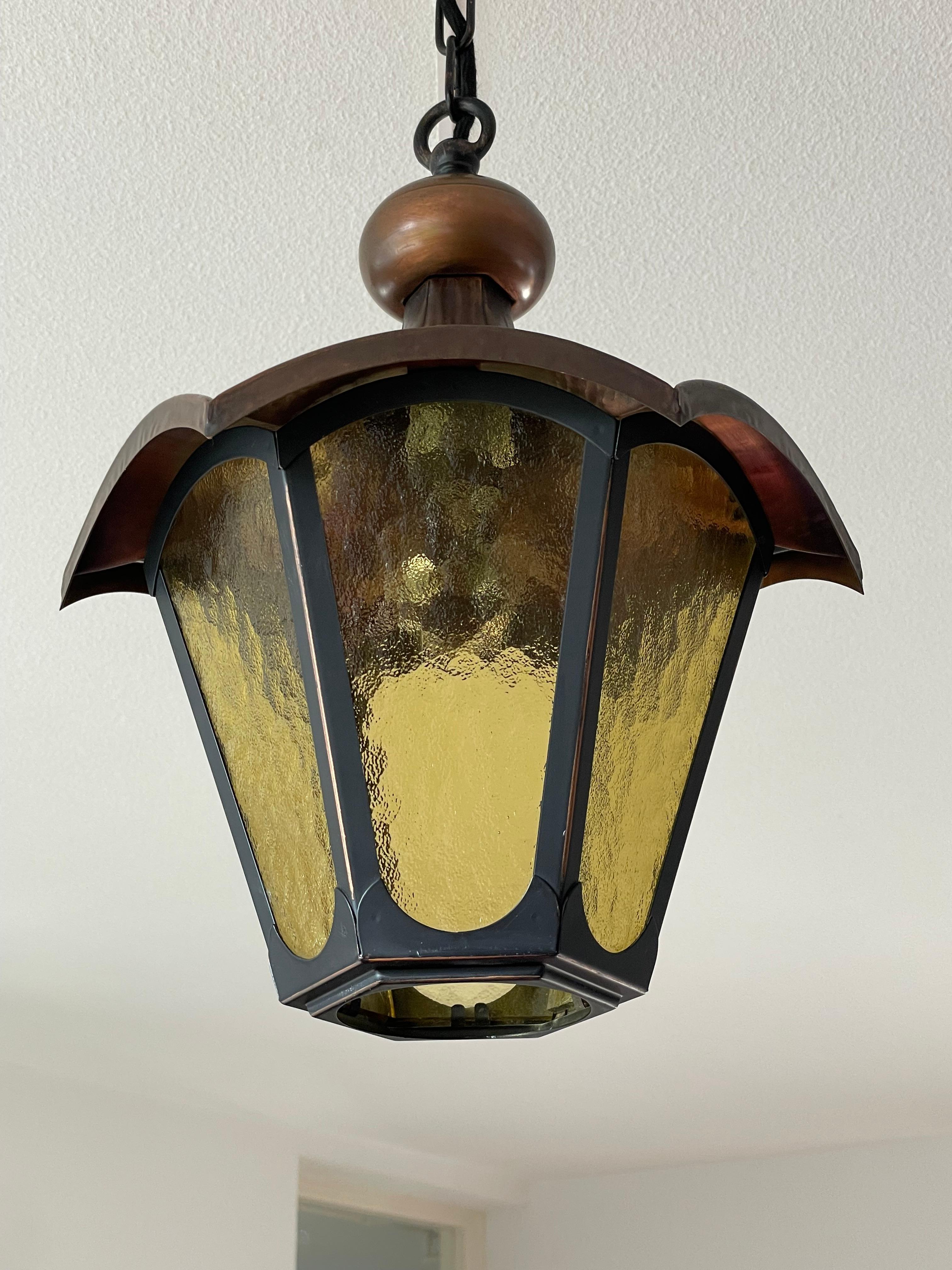 Metal Arts & Crafts Style Brass and Cathedral Glass Entry Hall Pendant / Light Fixture For Sale