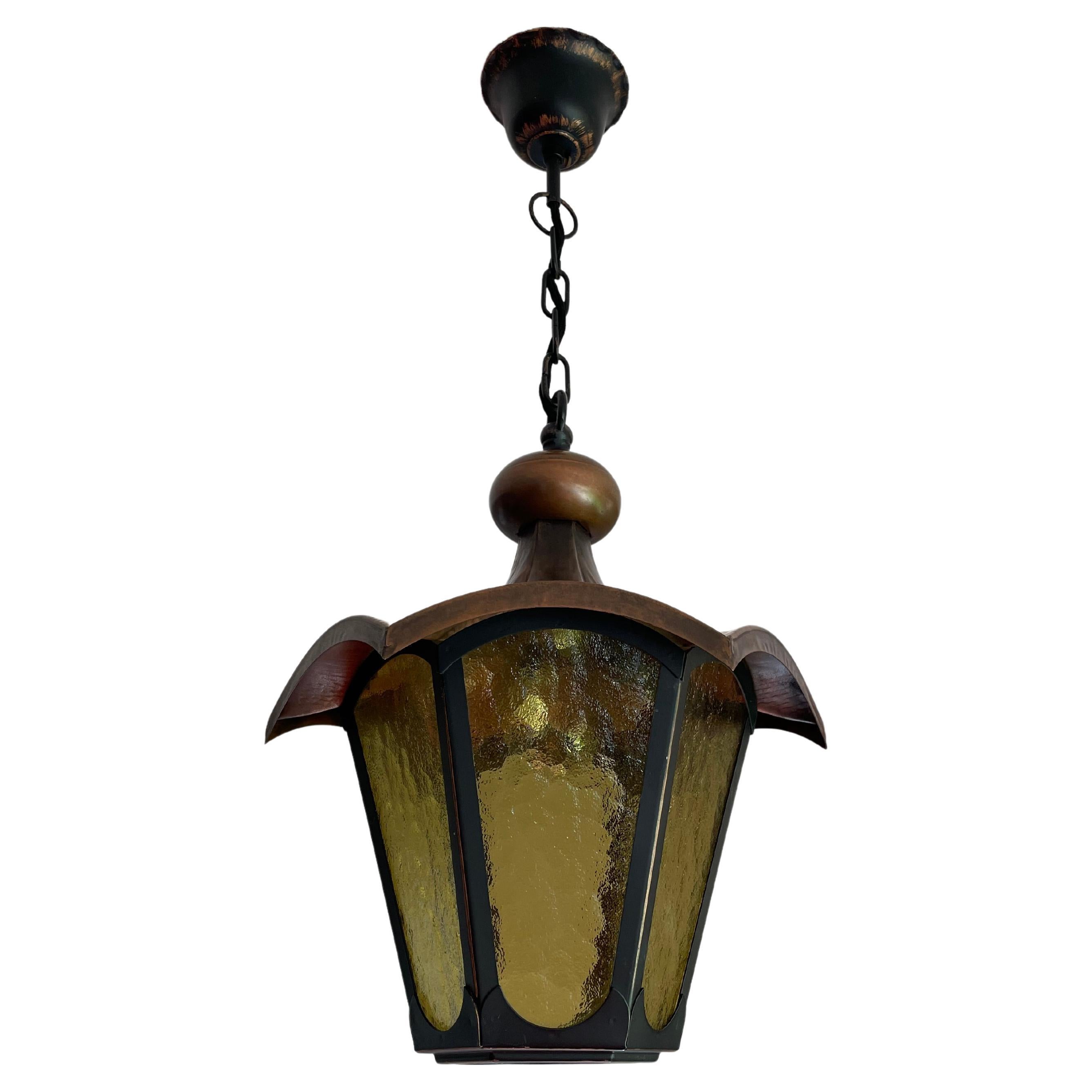 Arts & Crafts Style Brass and Cathedral Glass Entry Hall Pendant / Light Fixture For Sale