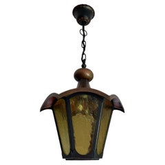 Used Arts & Crafts Style Brass and Cathedral Glass Entry Hall Pendant / Light Fixture