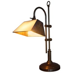 Arts & Crafts Style Brass and Mother-of-Pearl Color Glass Table or Desk Lamp