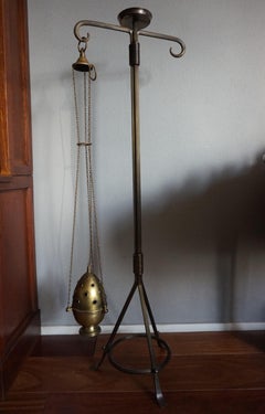 Arts & Crafts Style Bronzed Brass Church Floor Stand & Original Incense Burner