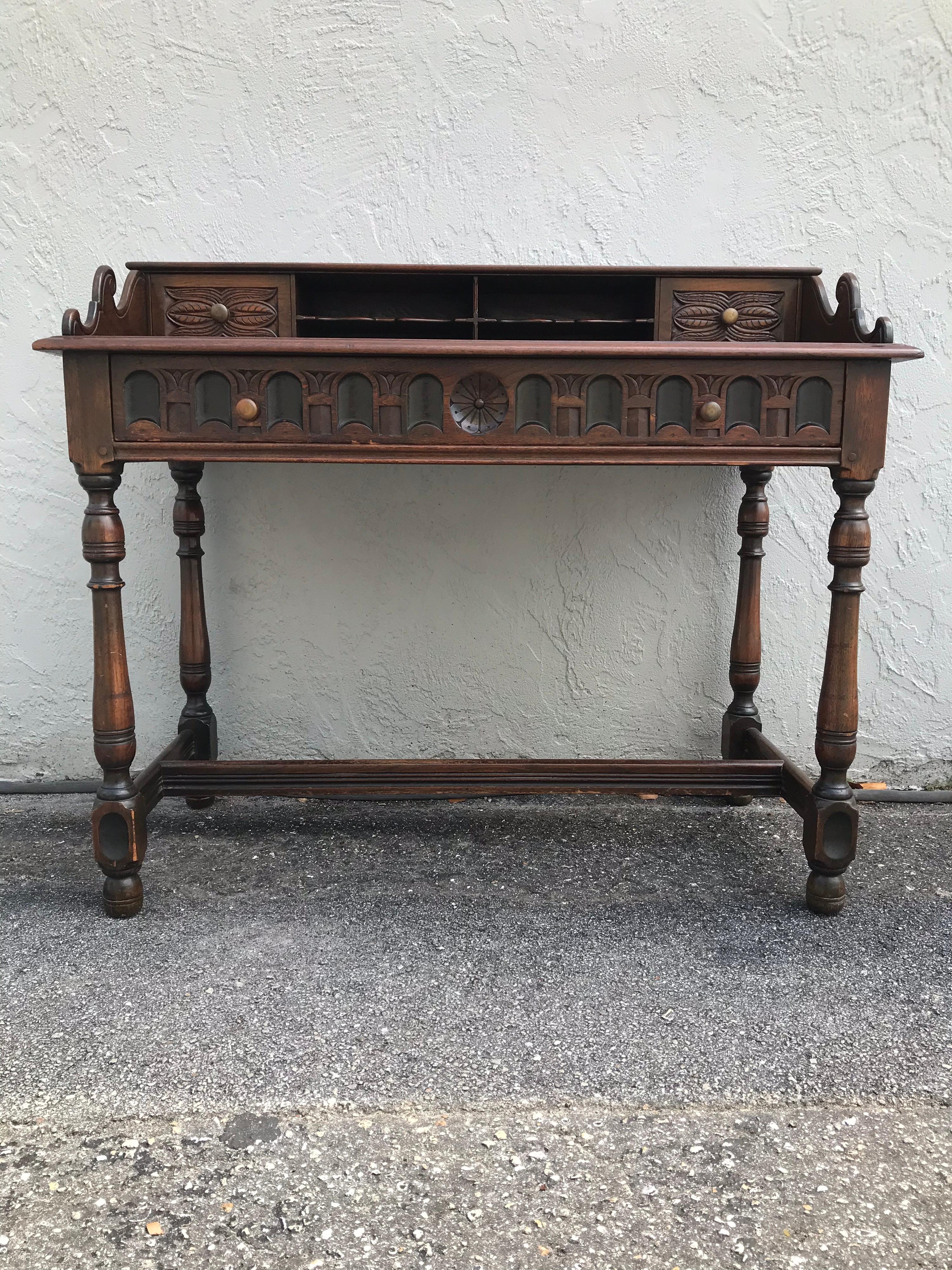 English Arts & Crafts Style Carved Desk