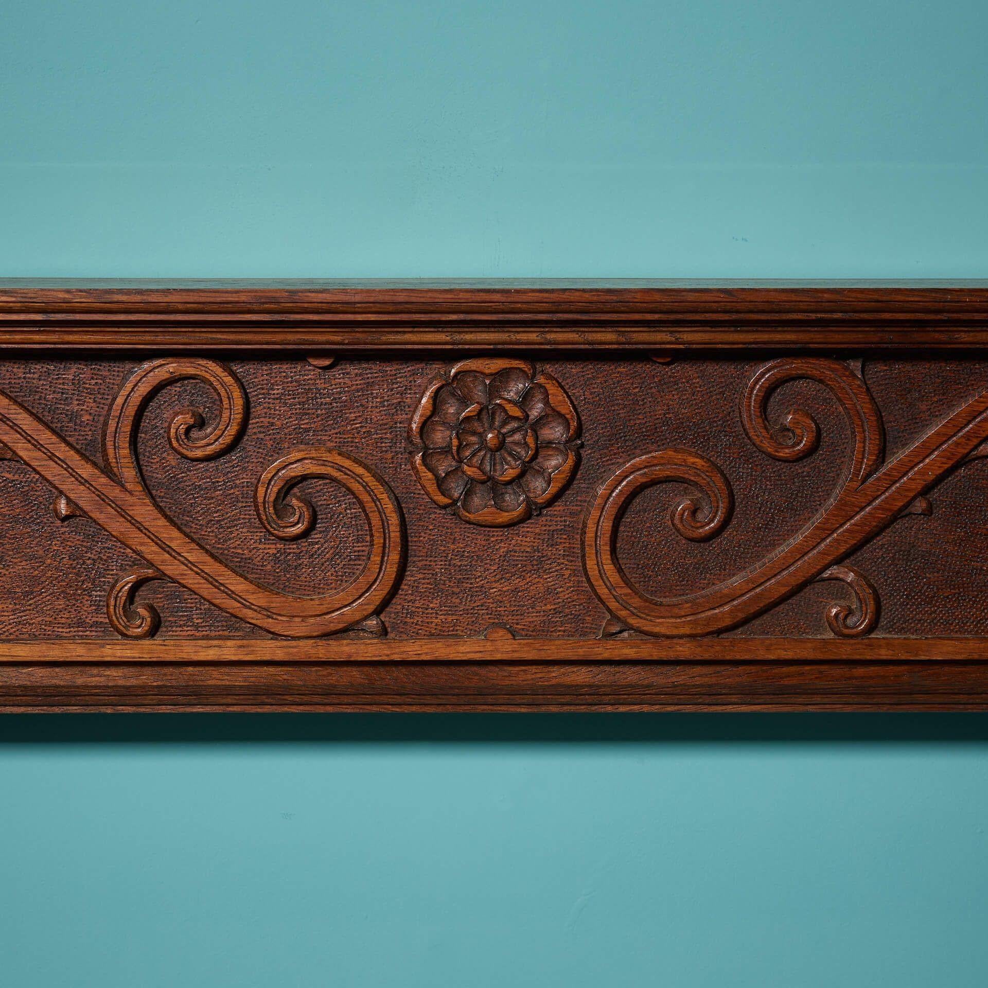 English Arts & Crafts Style Carved Oak Fire Surround For Sale