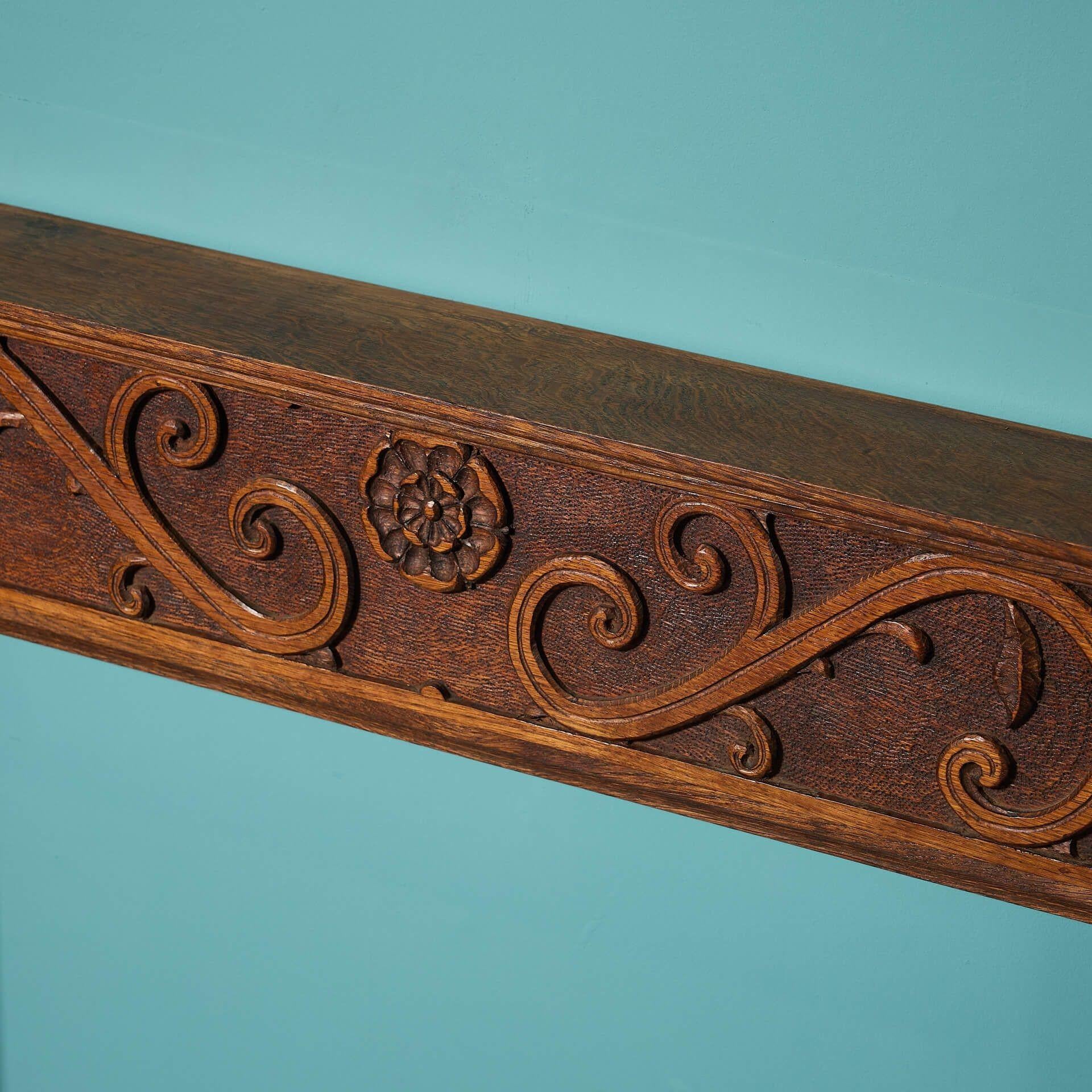 Arts & Crafts Style Carved Oak Fire Surround In Fair Condition For Sale In Wormelow, Herefordshire
