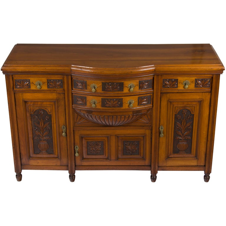 Arts and Crafts Style Carved Walnut Sideboard Buffet Cupboard