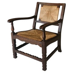 Arts & Crafts Style Design Eiche & Binsen Niedriger Sessel, Belgien 1920er Jahre