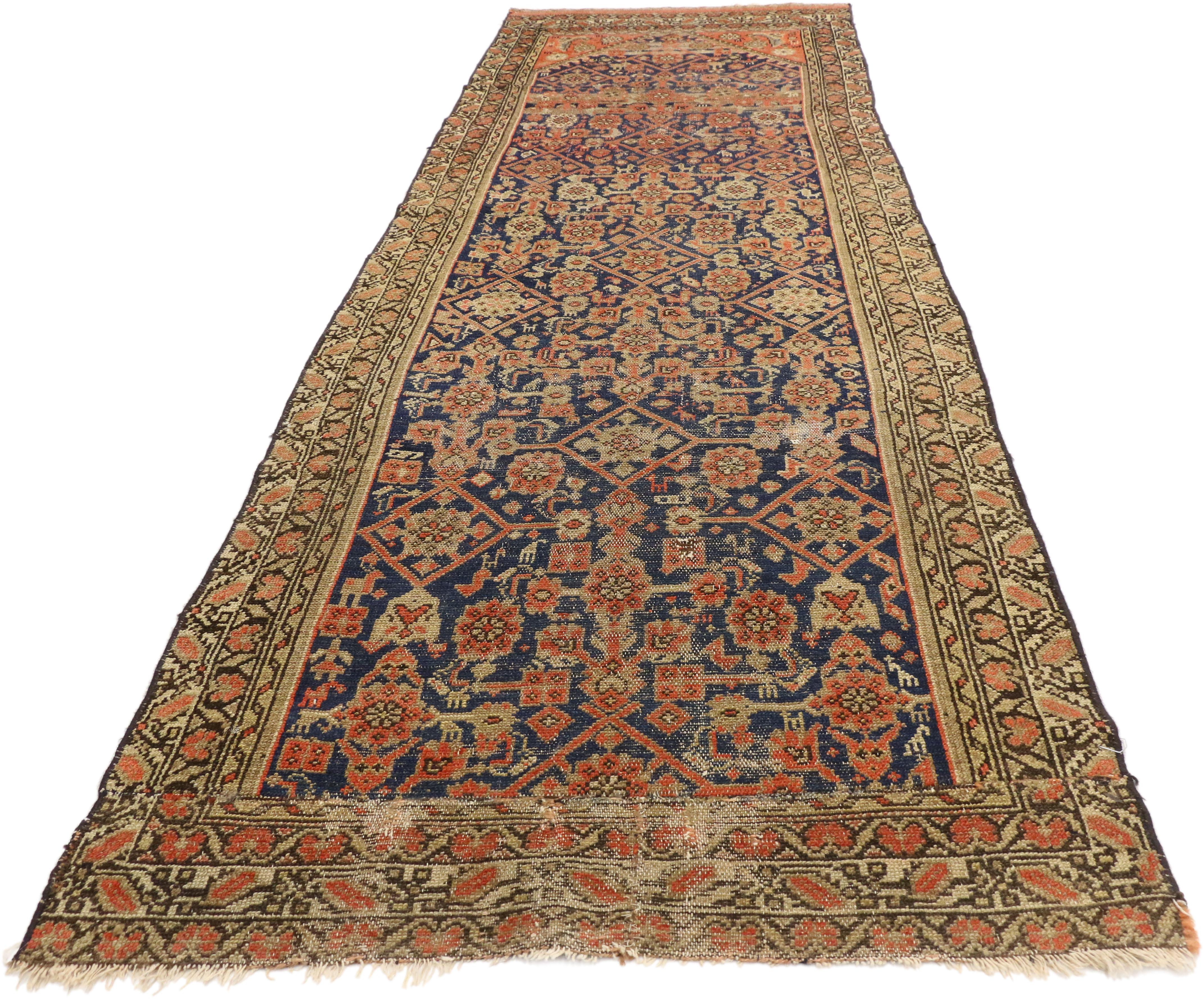 Hand-Knotted Distressed Antique Persian Malayer Runner with Rustic Arts & Crafts Style For Sale