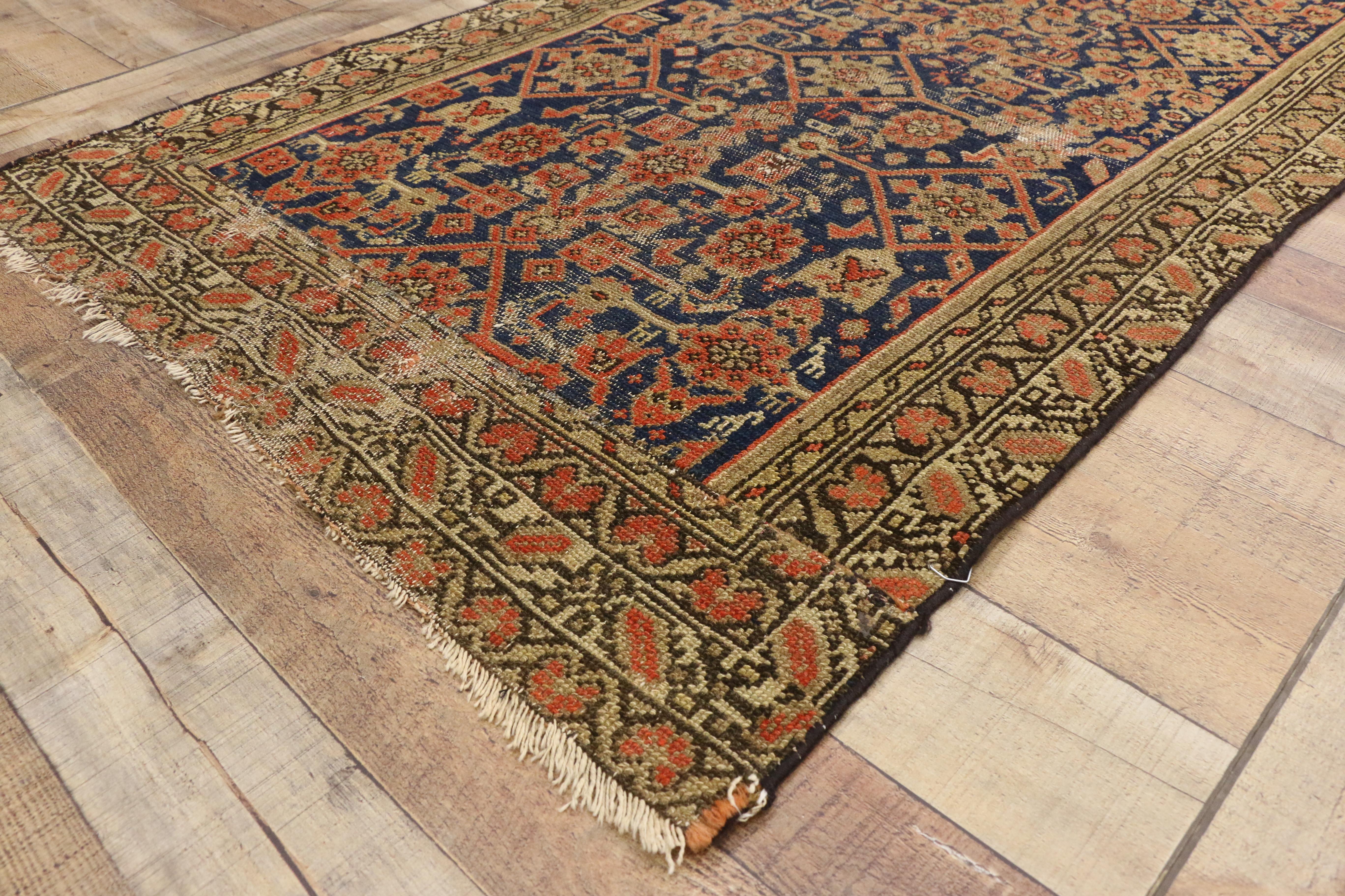 Wool Distressed Antique Persian Malayer Runner with Rustic Arts & Crafts Style For Sale