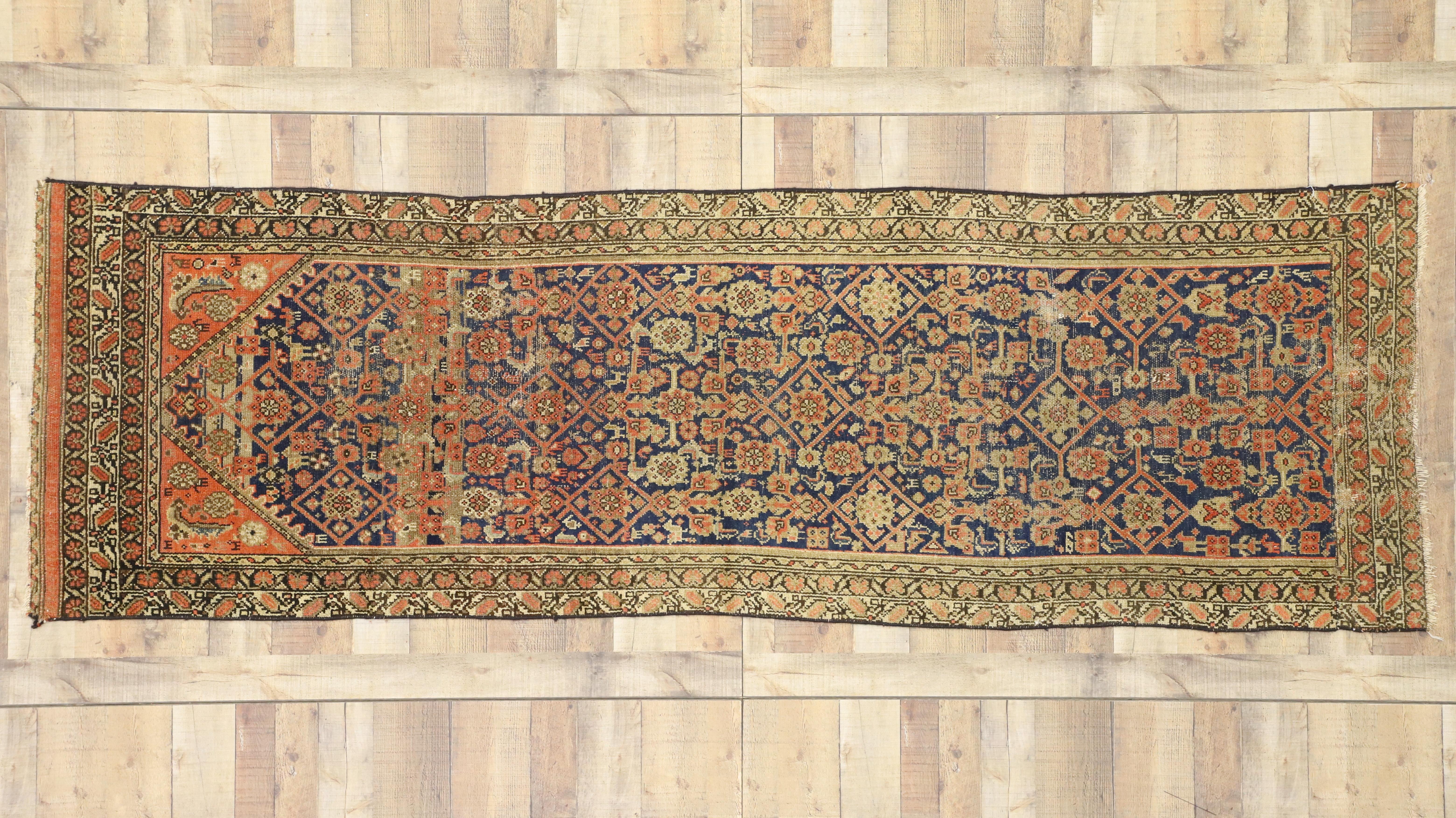 Distressed Antique Persian Malayer Runner with Rustic Arts & Crafts Style For Sale 1