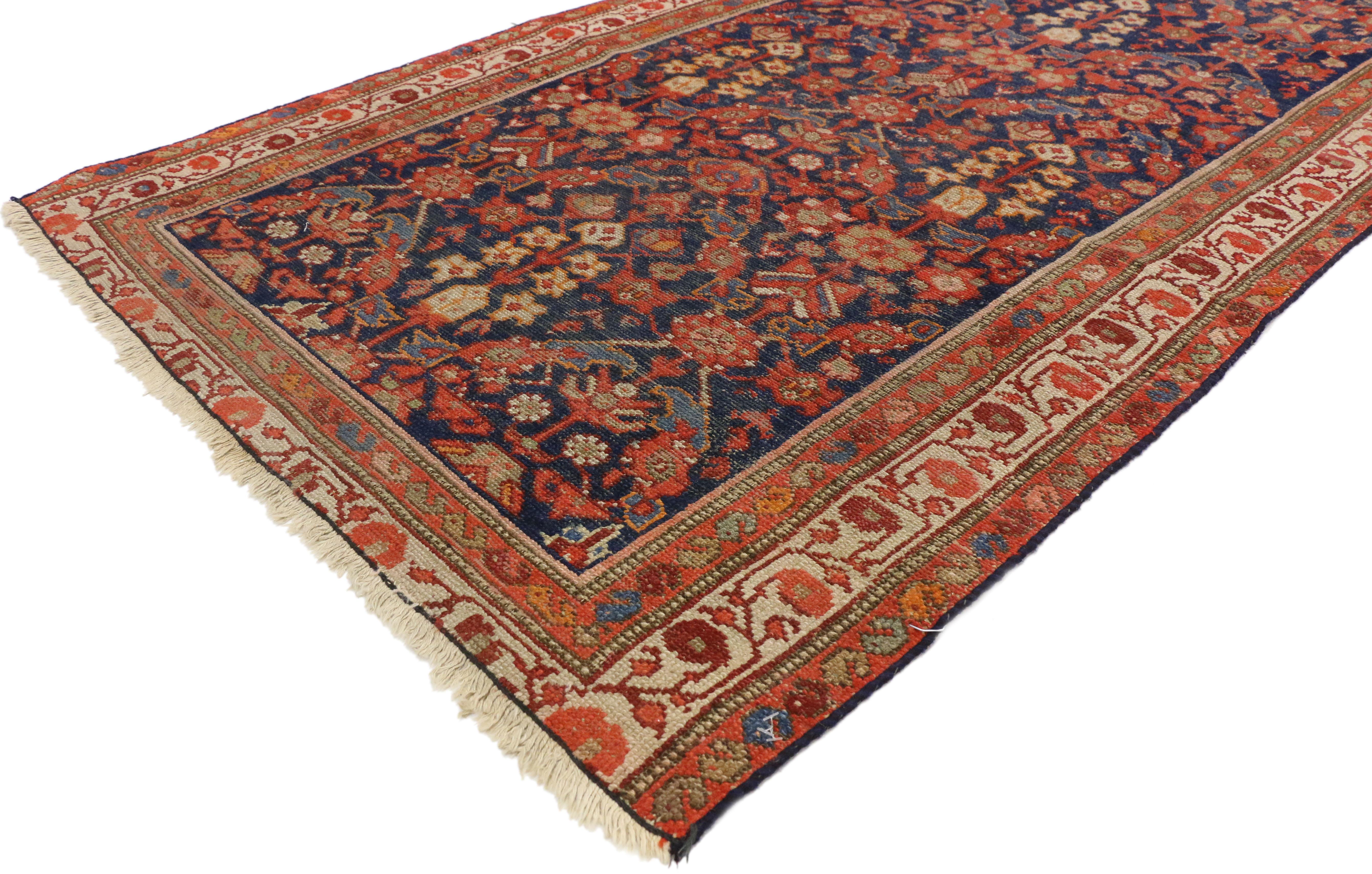 Wool Arts & Crafts Style Distressed Antique Persian Malayer Runner, Hallway Runner