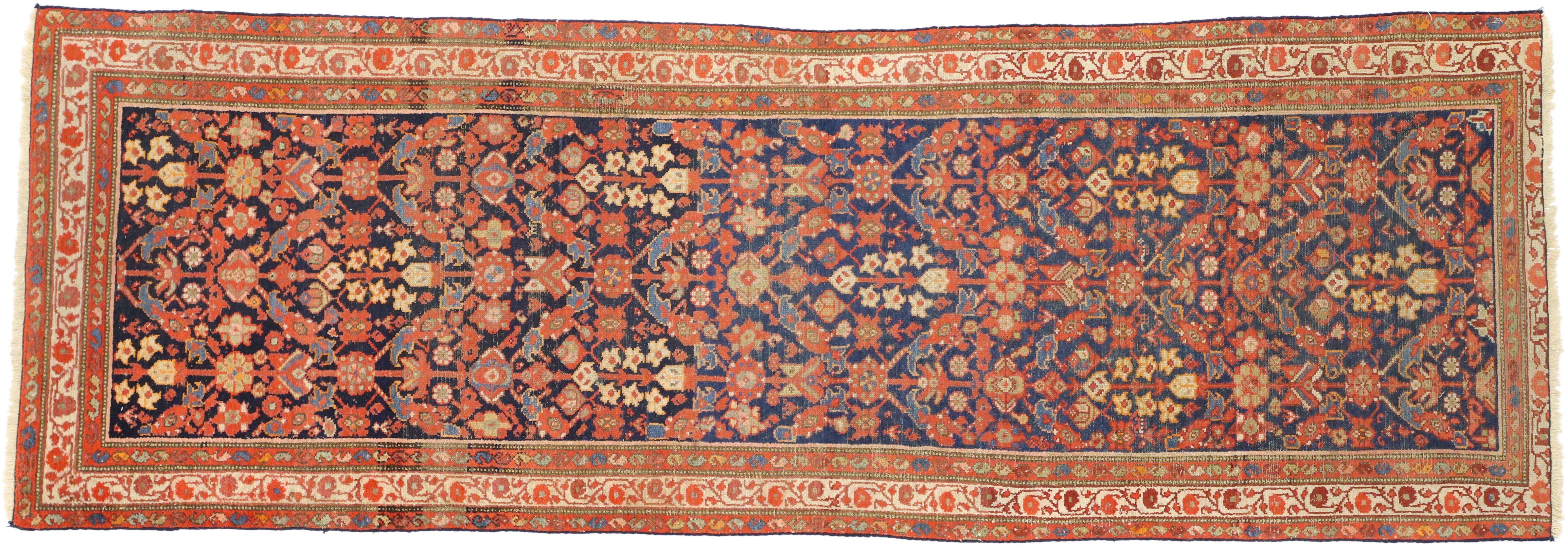 Arts & Crafts Style Distressed Antique Persian Malayer Runner, Hallway Runner 1