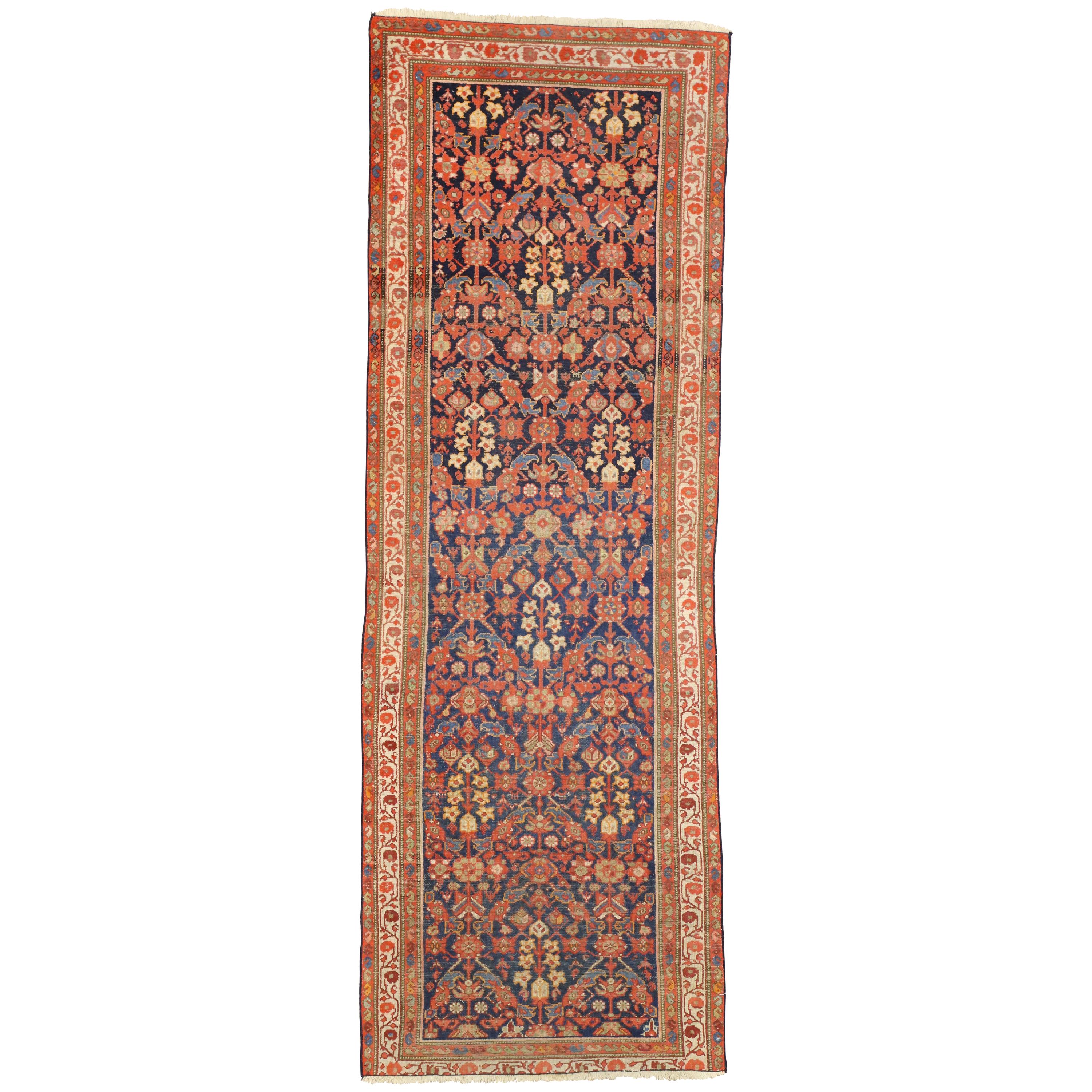 Arts & Crafts Style Distressed Antique Persian Malayer Runner, Hallway Runner