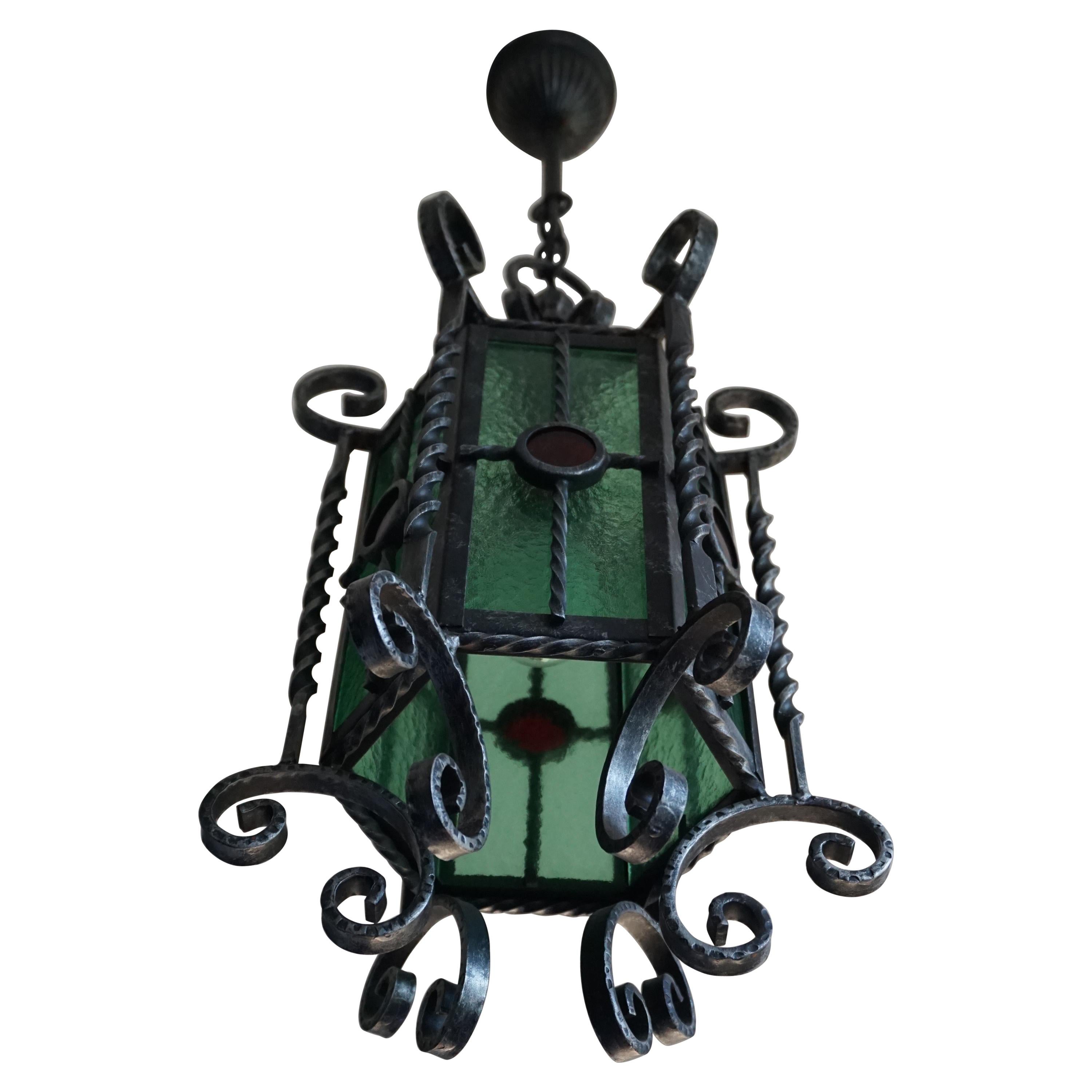 Arts & Crafts Style, Hand Forged Wrought Iron & Cathedral Glass Pendant Light