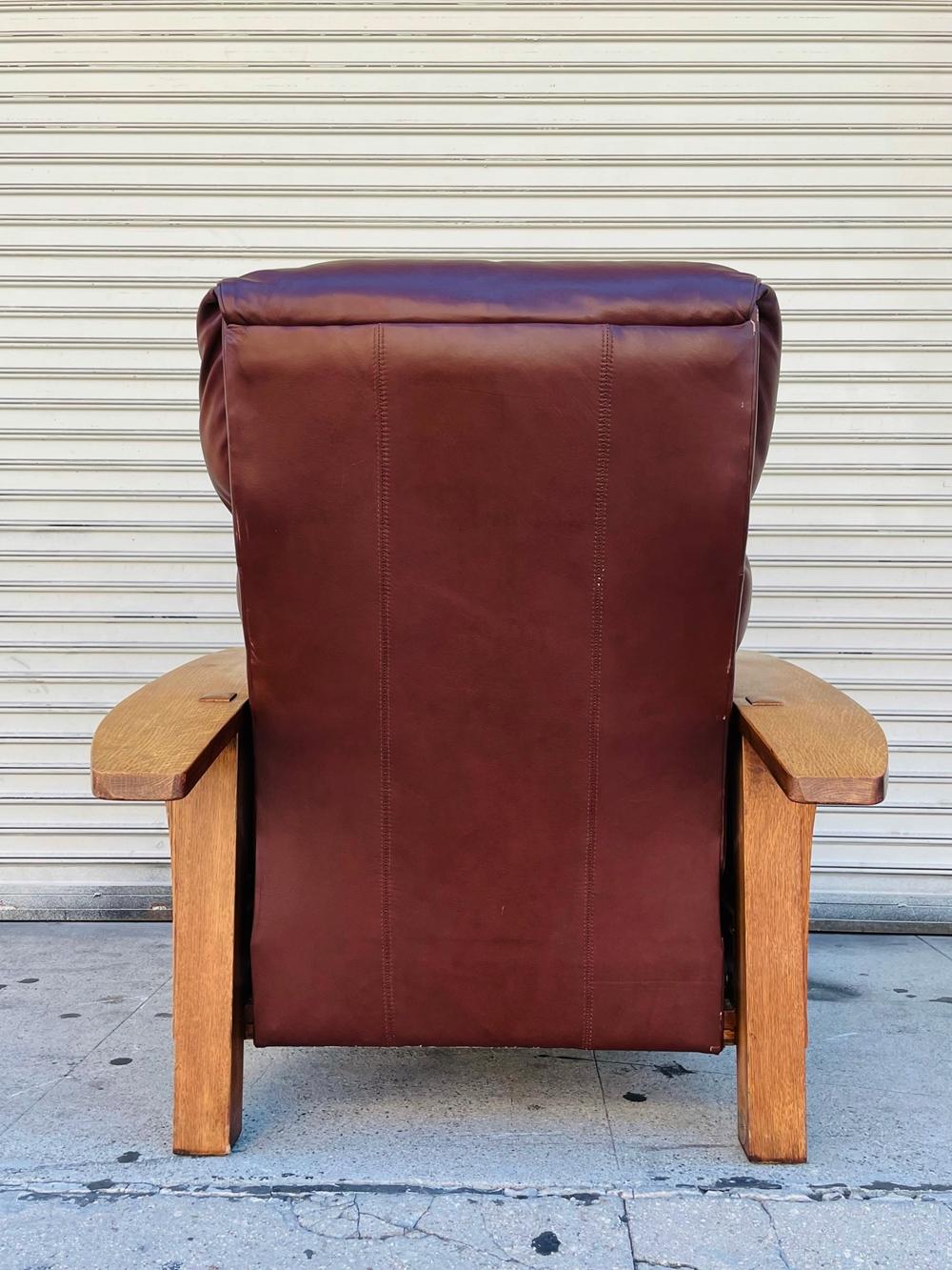 Leather Arts & Crafts Style Oak Bow Arm Lounge Chair by Stickley