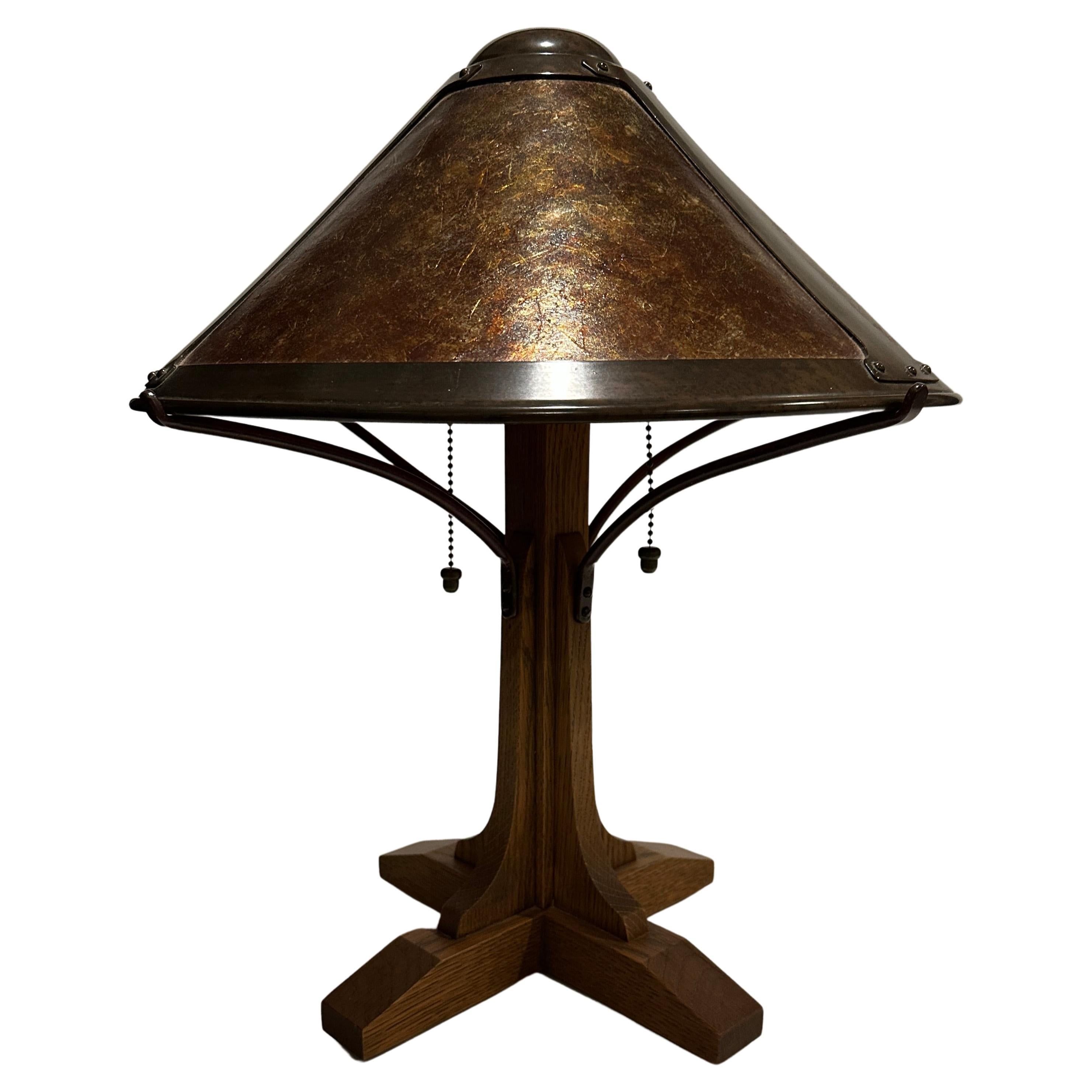 Arts & Crafts Style Oak, Copper And Mica Lamp By Warren Hile Studio