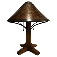 Antique Arts & Crafts Style Oak, Copper And Mica Lamp By Warren Hile Studio