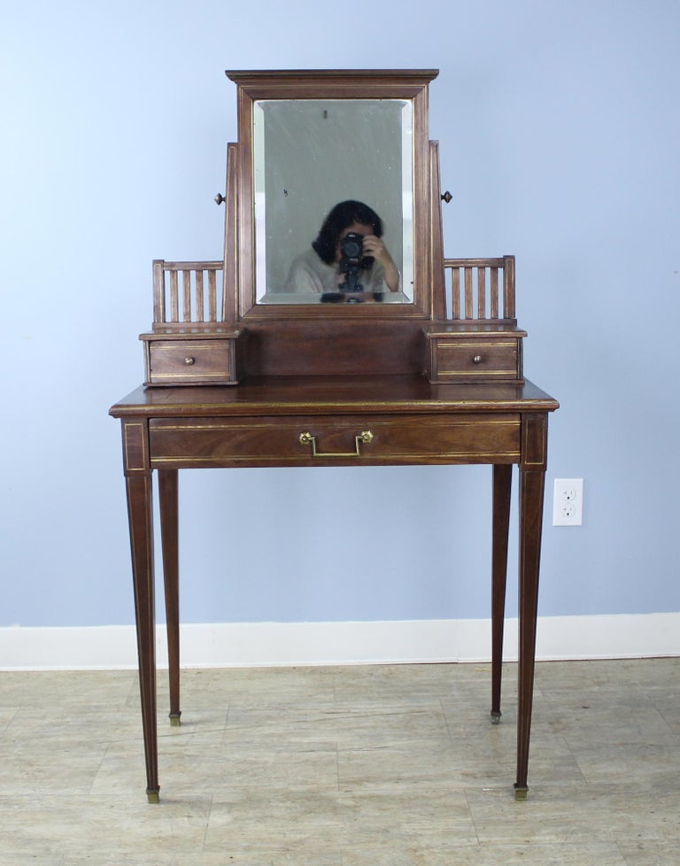 Arts and Crafts Style Oak Dressing Table with Brass Accents For Sale at