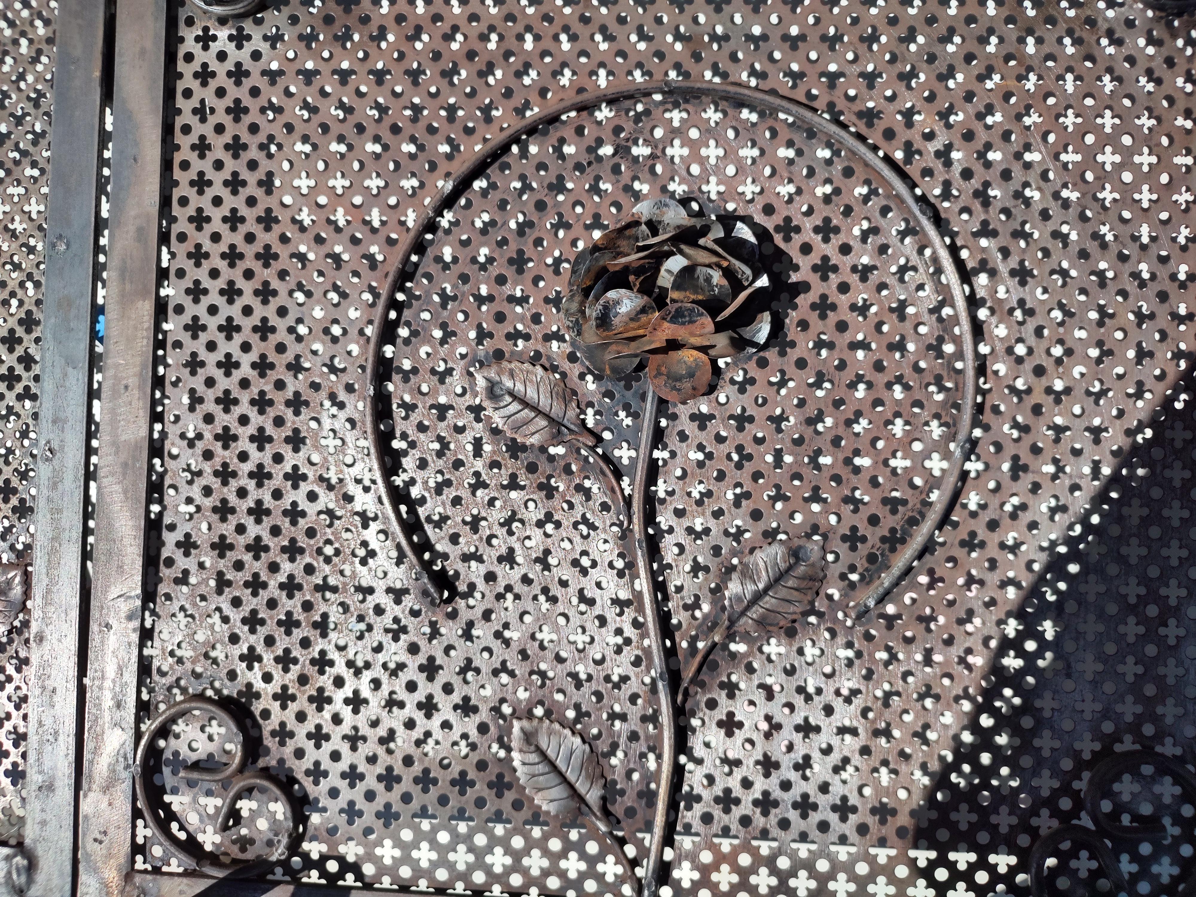 Hand-Crafted Arts & Crafts Style Petite Fireplace Screen with Iron Adornments For Sale