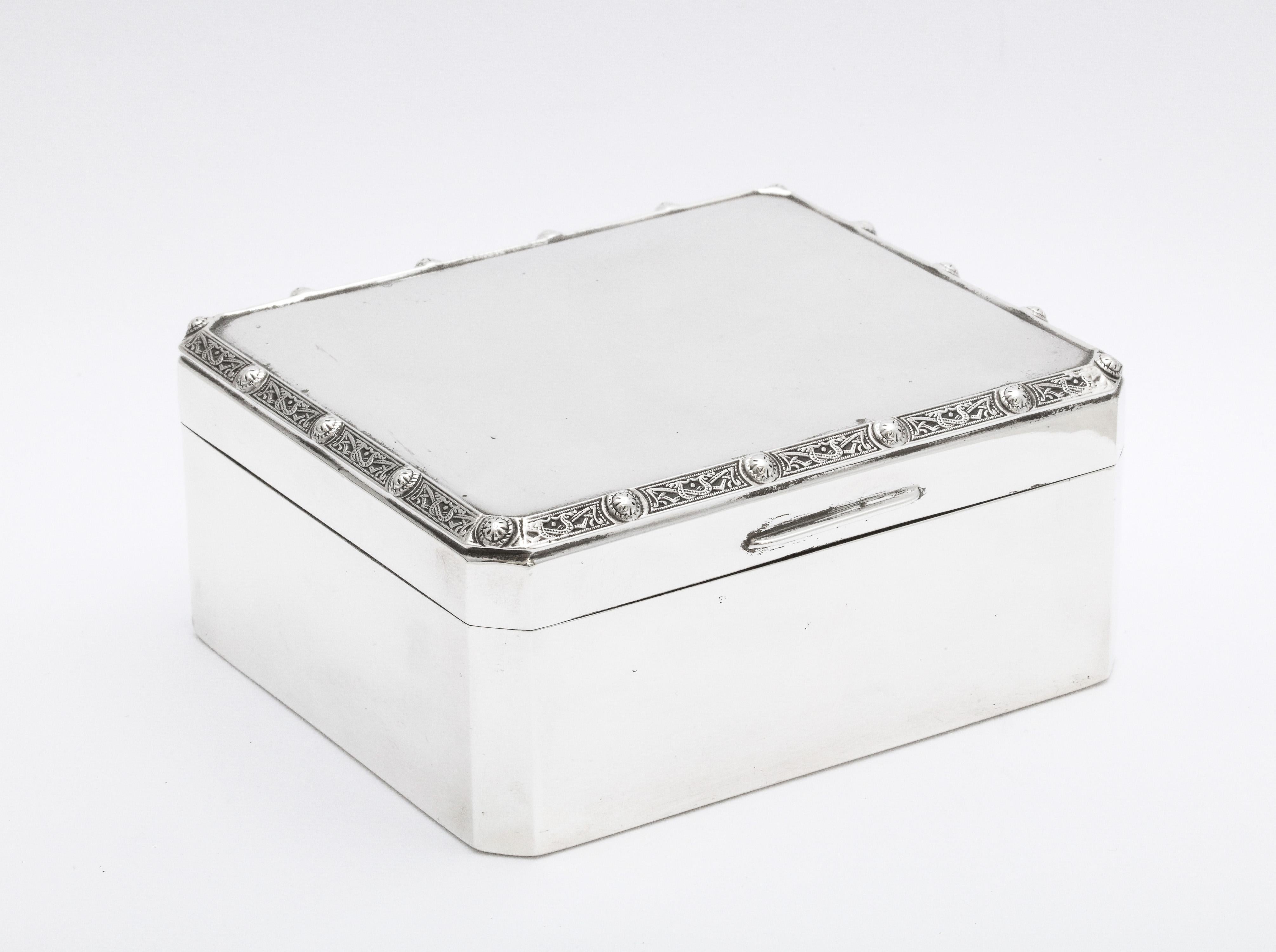 Arts & Crafts-style, George VI period, sterling silver table box with hinged lid, Birmingham, England, year-hallmarked for 1949, Adie Bros. - makers. Lovely Celtic design on border of lid (see photos). Measures 4 1/4 inches wide x 3 1/2 inches deep
