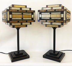 Arts & Crafts Style Table Lamps with Stained Glass Shades, Patinated Metal Bases