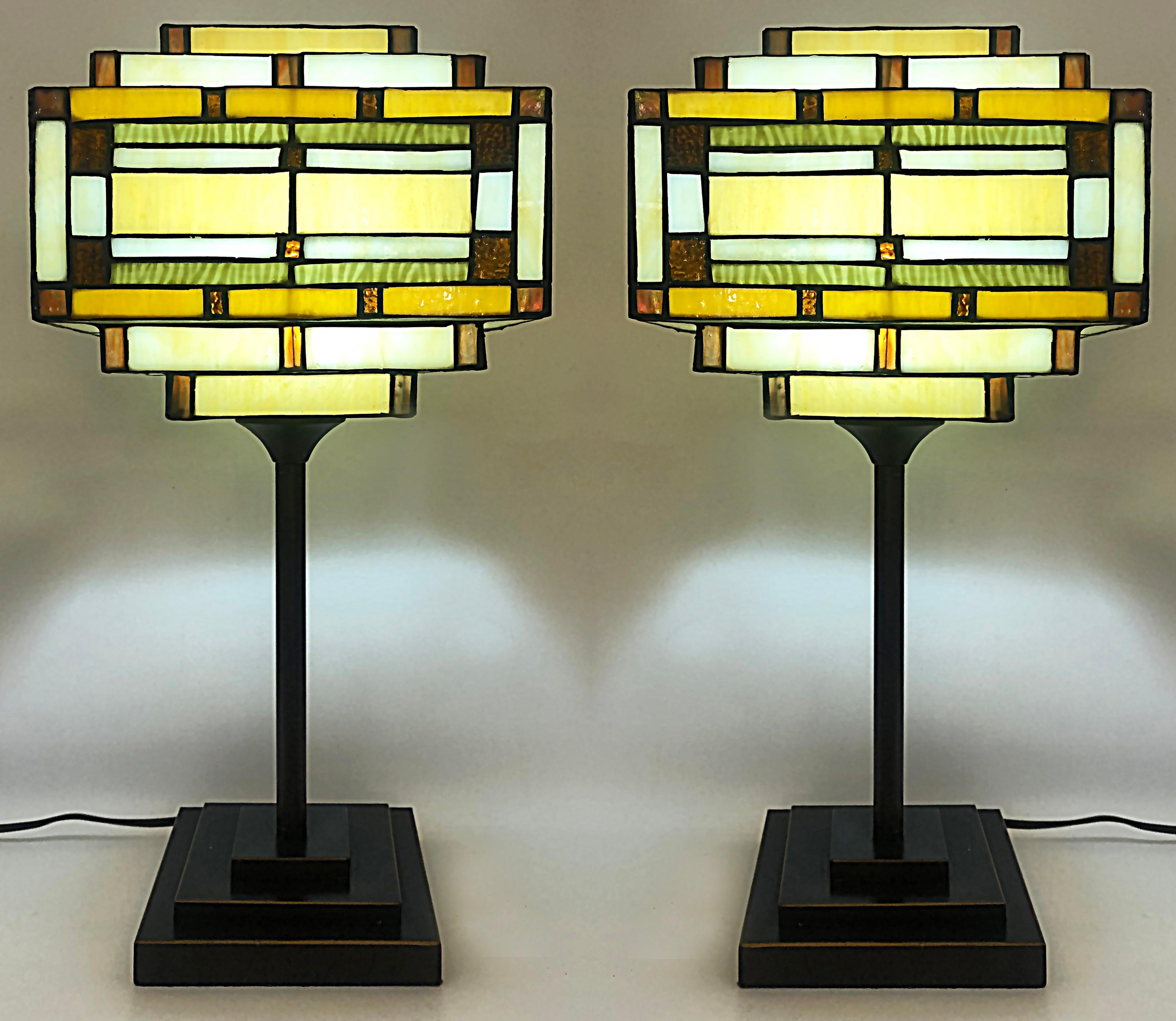 Arts and Crafts Arts & Crafts Style Table Lamps with Stained Glass Shades, Patinated Metal Bases