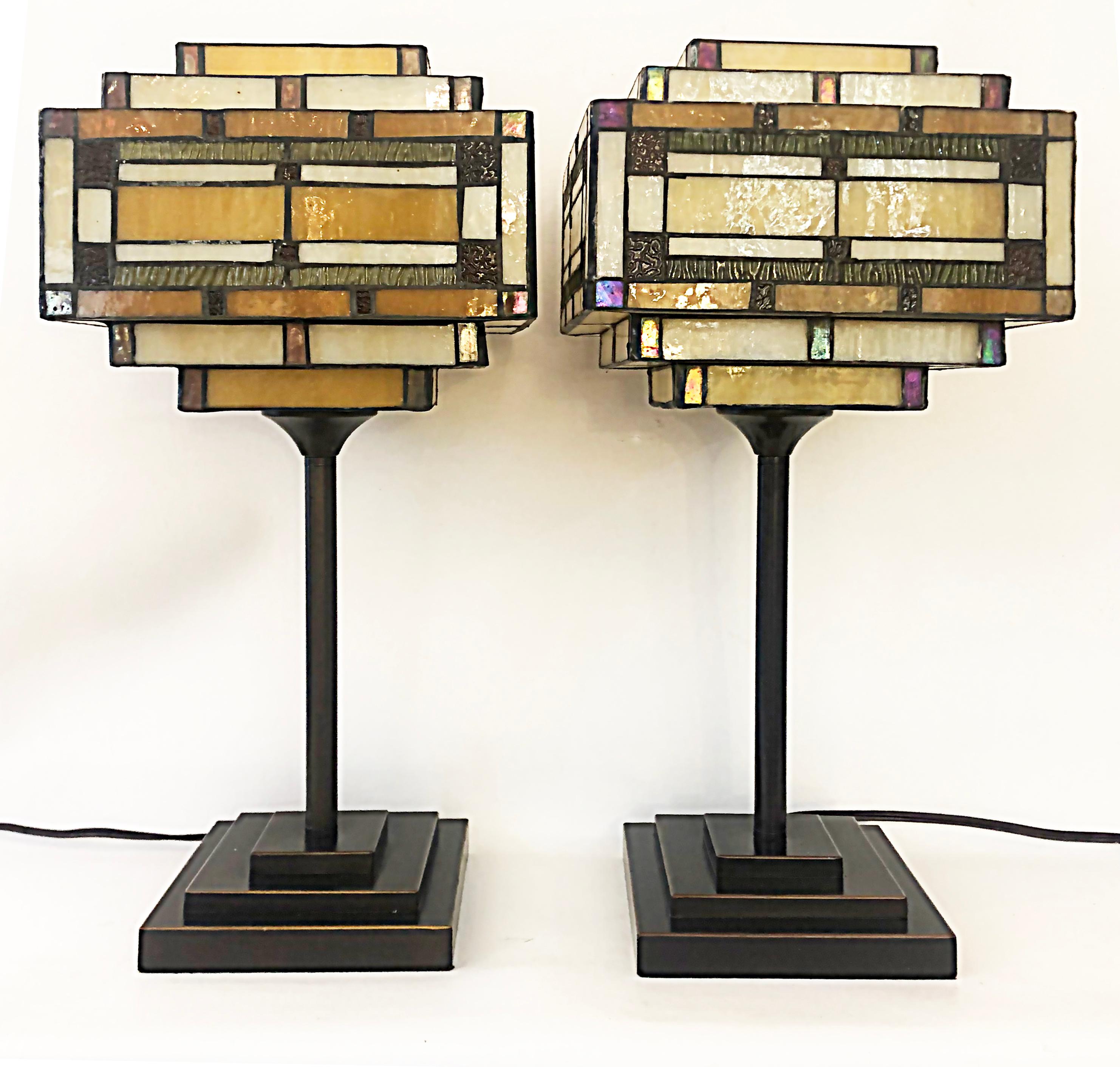 American Arts & Crafts Style Table Lamps with Stained Glass Shades, Patinated Metal Bases