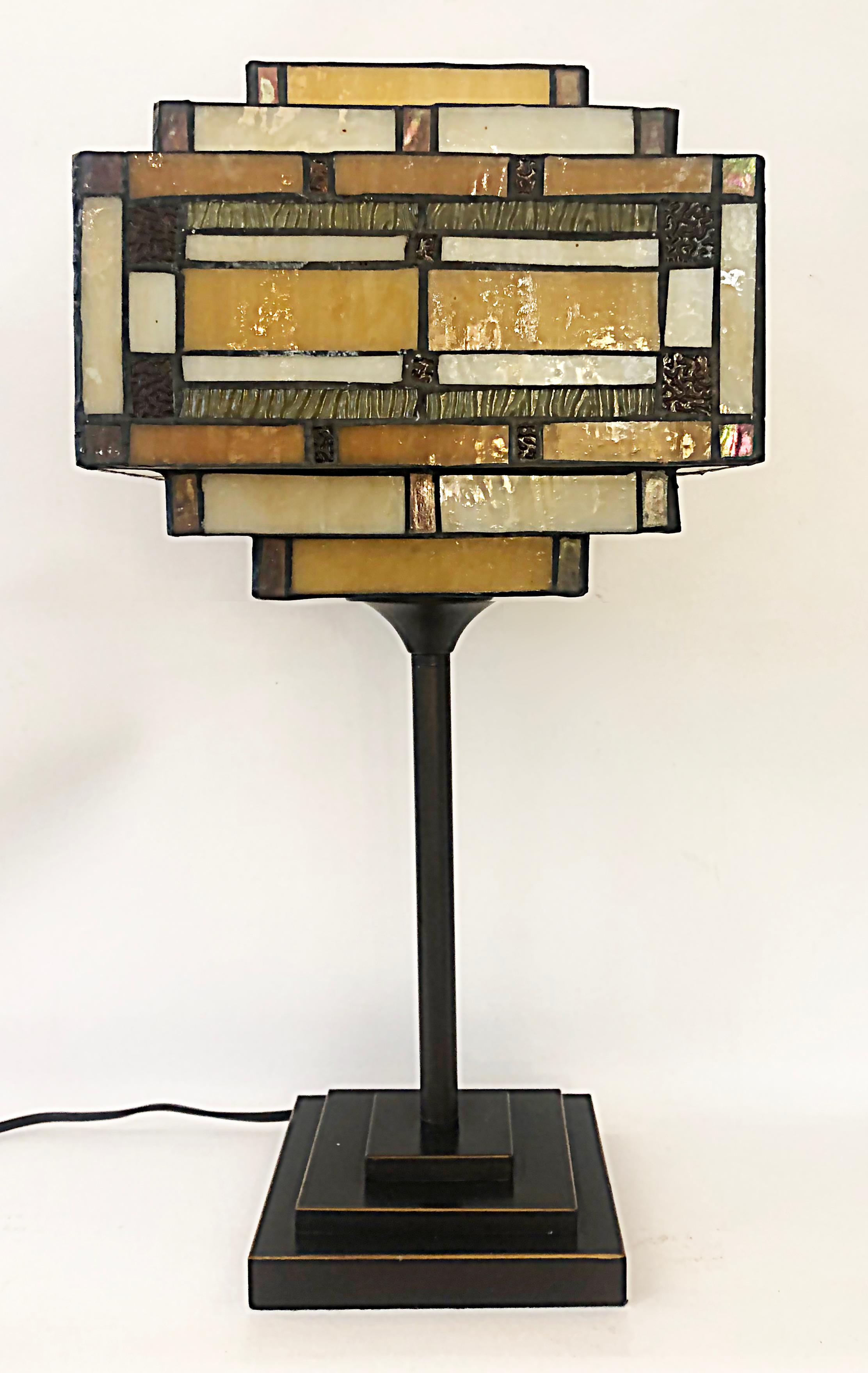 Arts & Crafts Style Table Lamps with Stained Glass Shades, Patinated Metal Bases In Good Condition In Miami, FL