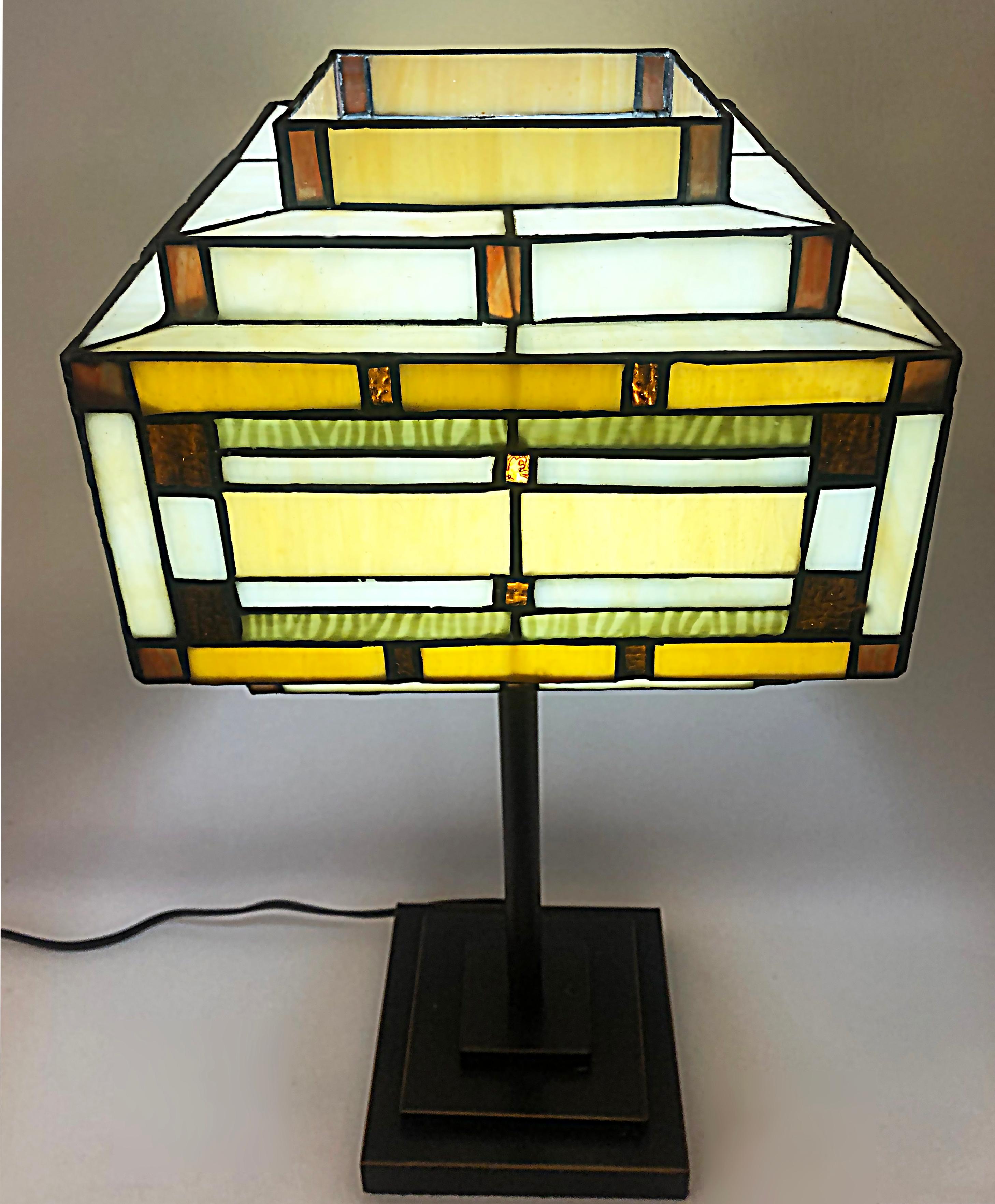 Contemporary Arts & Crafts Style Table Lamps with Stained Glass Shades, Patinated Metal Bases