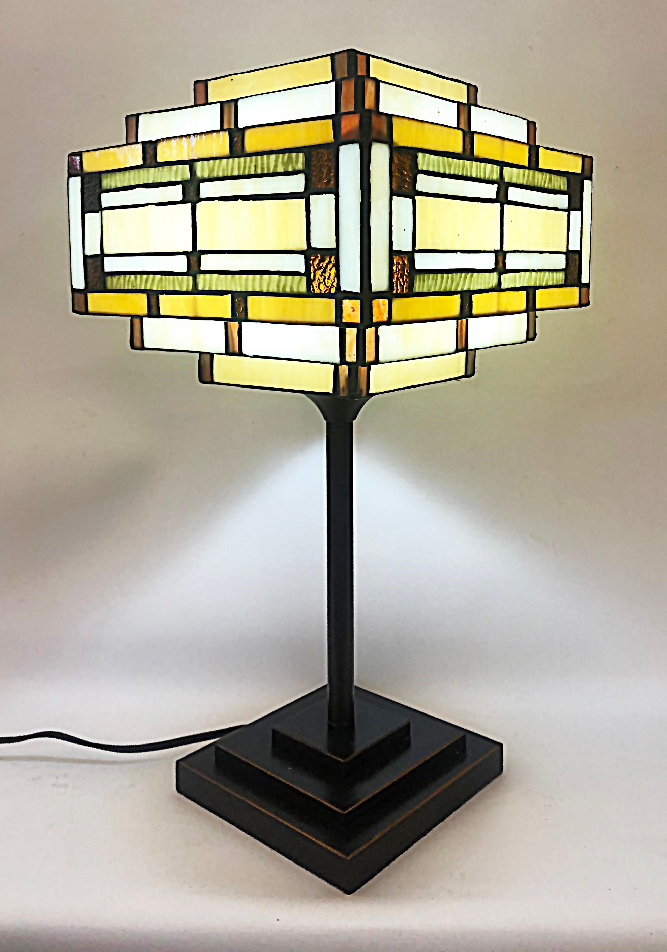 Arts & Crafts Style Table Lamps with Stained Glass Shades, Patinated Metal Bases 1