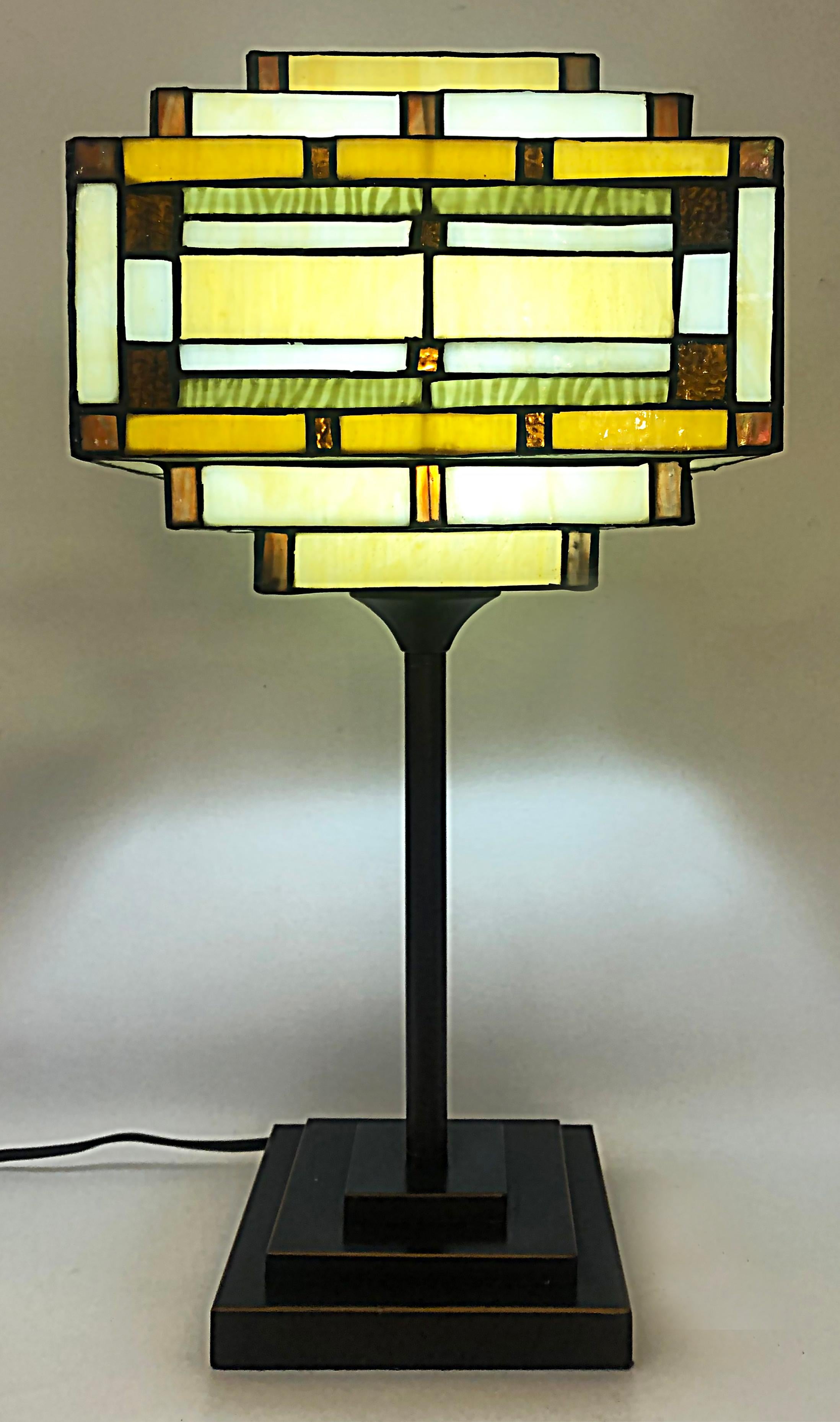 Arts & Crafts Style Table Lamps with Stained Glass Shades, Patinated Metal Bases 2