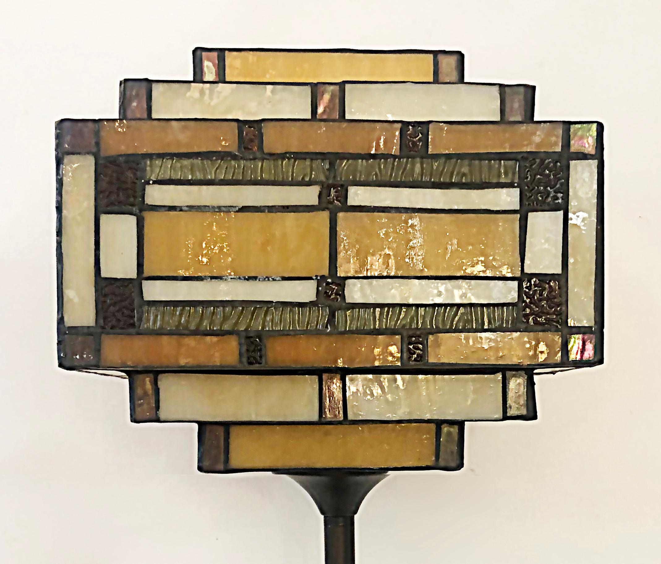 Arts & Crafts Style Table Lamps with Stained Glass Shades, Patinated Metal Bases 3