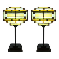 Arts & Crafts Style Table Lamps with Stained Glass Shades, Patinated Metal Bases