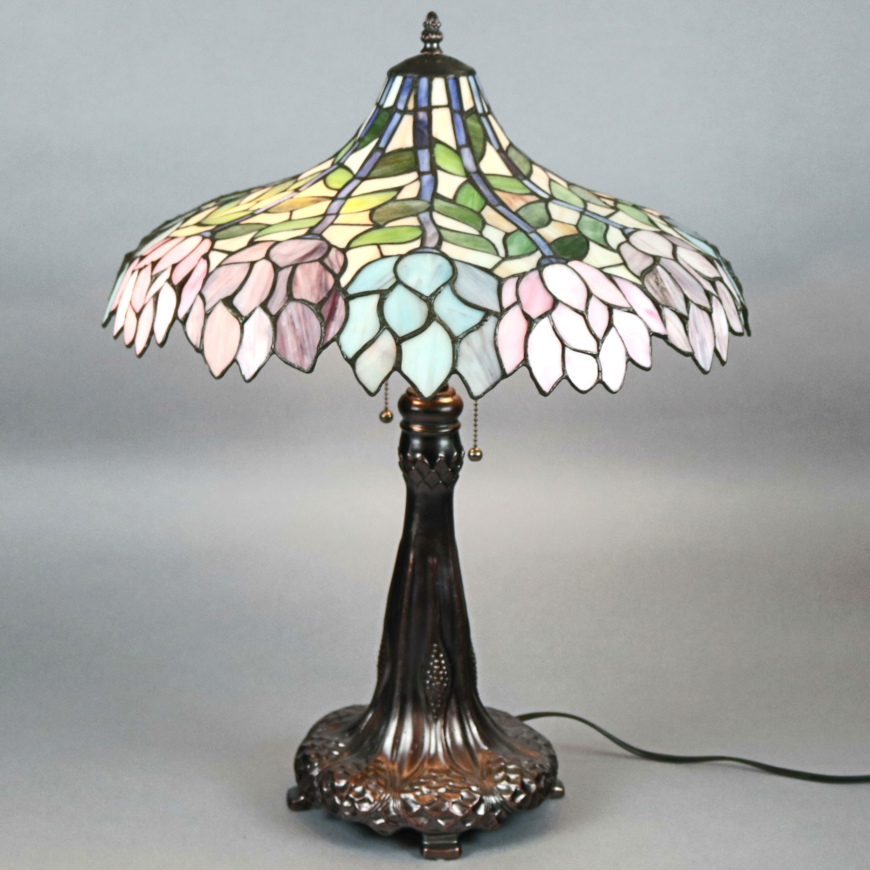 Slag Glass Arts & Crafts Style Tiffany School Leaded Glass Mosaic Table Lamp, 20th Century