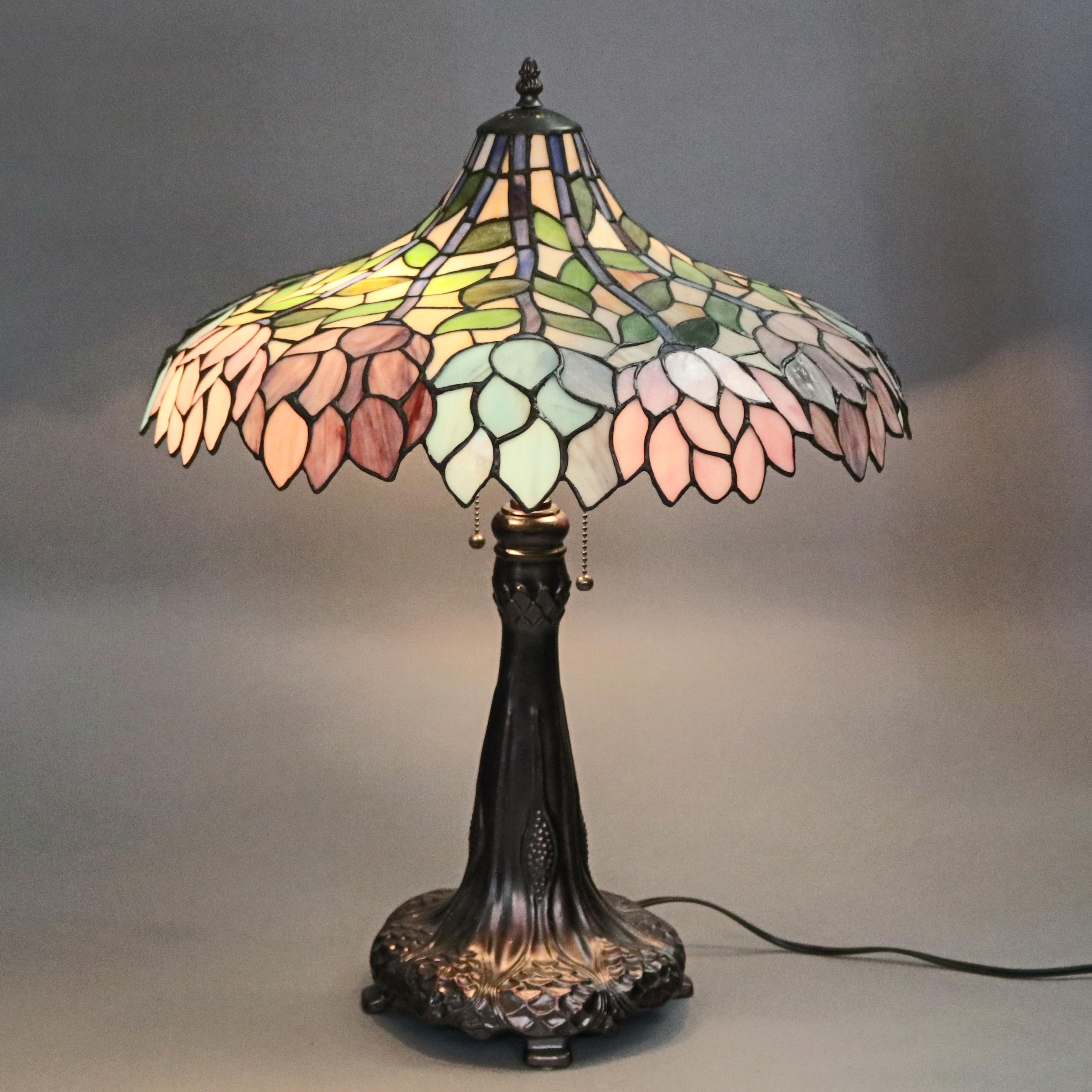 Arts & Crafts Style Tiffany School Leaded Glass Mosaic Table Lamp, 20th Century 1