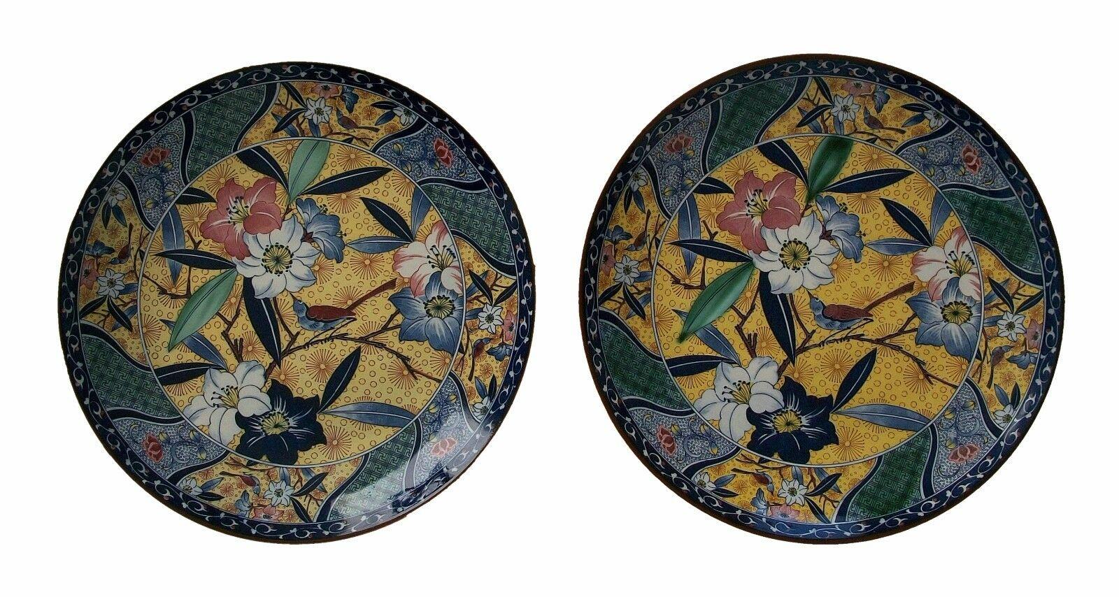 Vintage pair of Arts & Crafts / Aesthetic style transfer decorated chargers - hand painted highlights - large size - signed - Japan - mid 20th century.

Excellent vintage condition - no loss - no damage - no restoration - slight color variations -