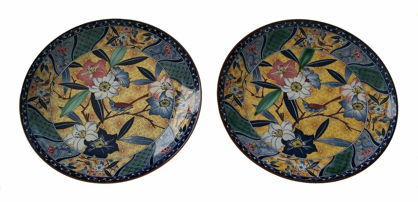 Anglo-Japanese Arts & Crafts Style Transfer Decorated Chargers - Signed - Japan - 20th Century For Sale