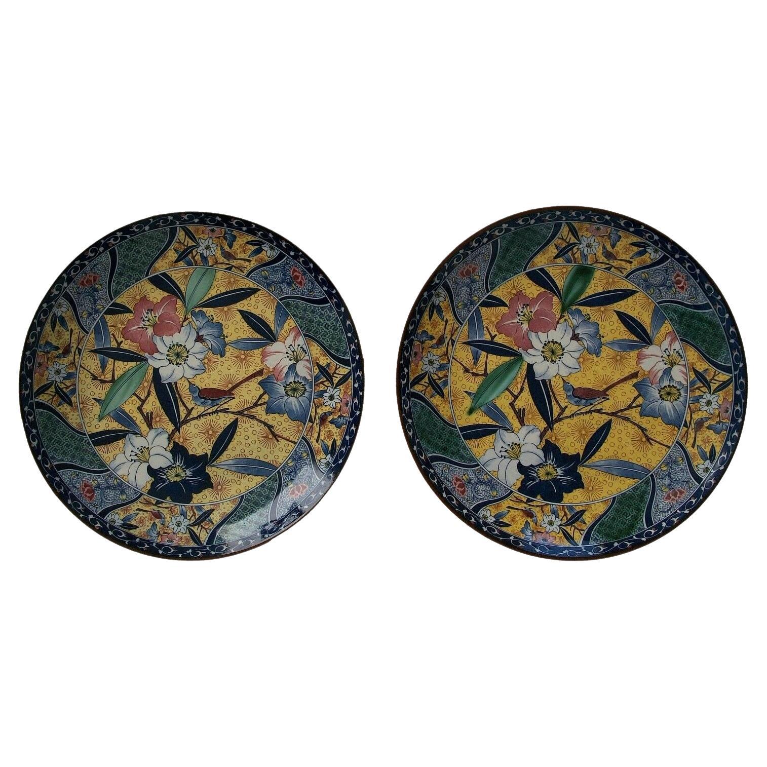 Arts & Crafts Style Transfer Decorated Chargers - Signed - Japan - 20th Century For Sale