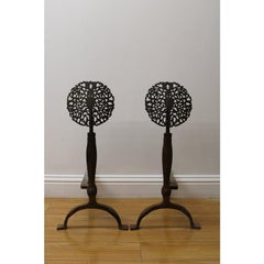 Arts & Crafts Style Tulip Design Medallion Cast Iron Andirons
