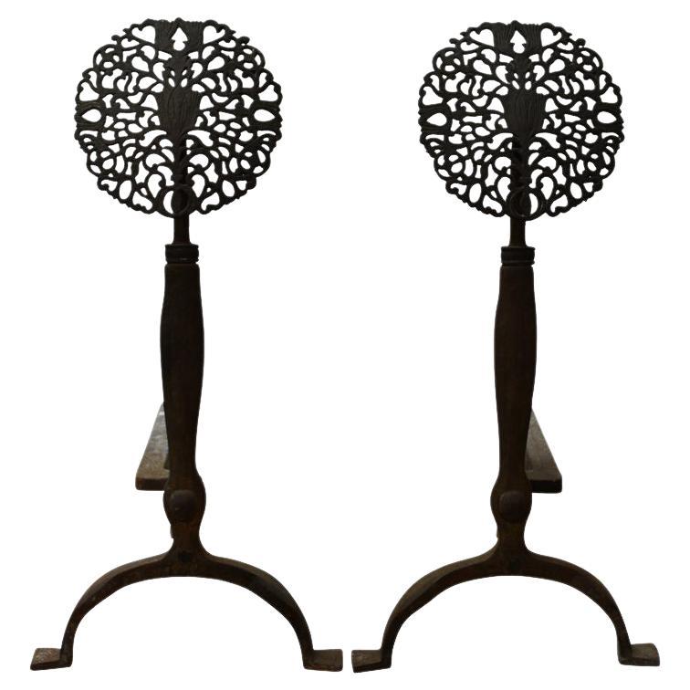 Arts & Crafts Style Tulip Design Medallion Cast Iron Andirons