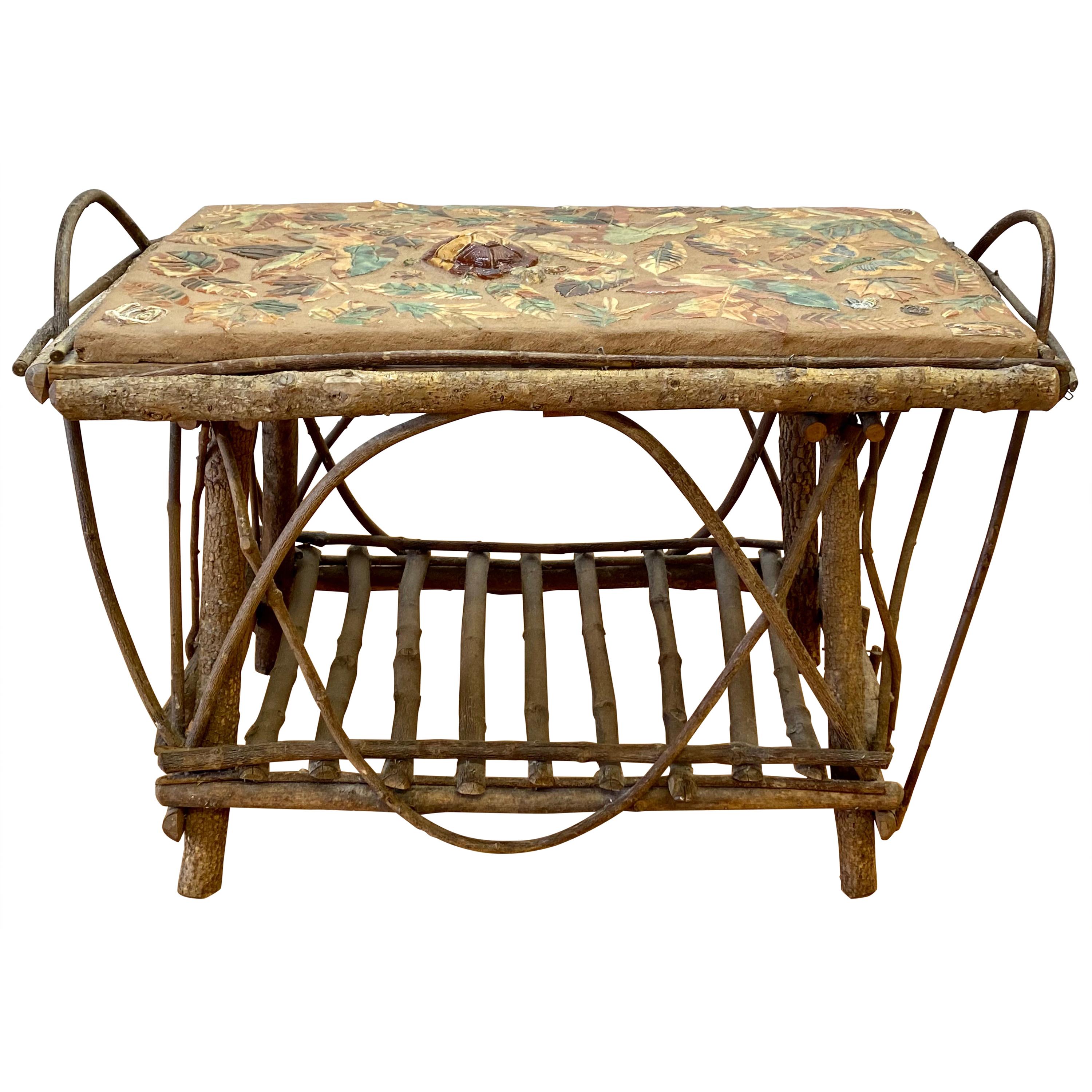 Arts & Crafts Style Willow Branch and Glazed Ceramic Tile Mosaic Side Table