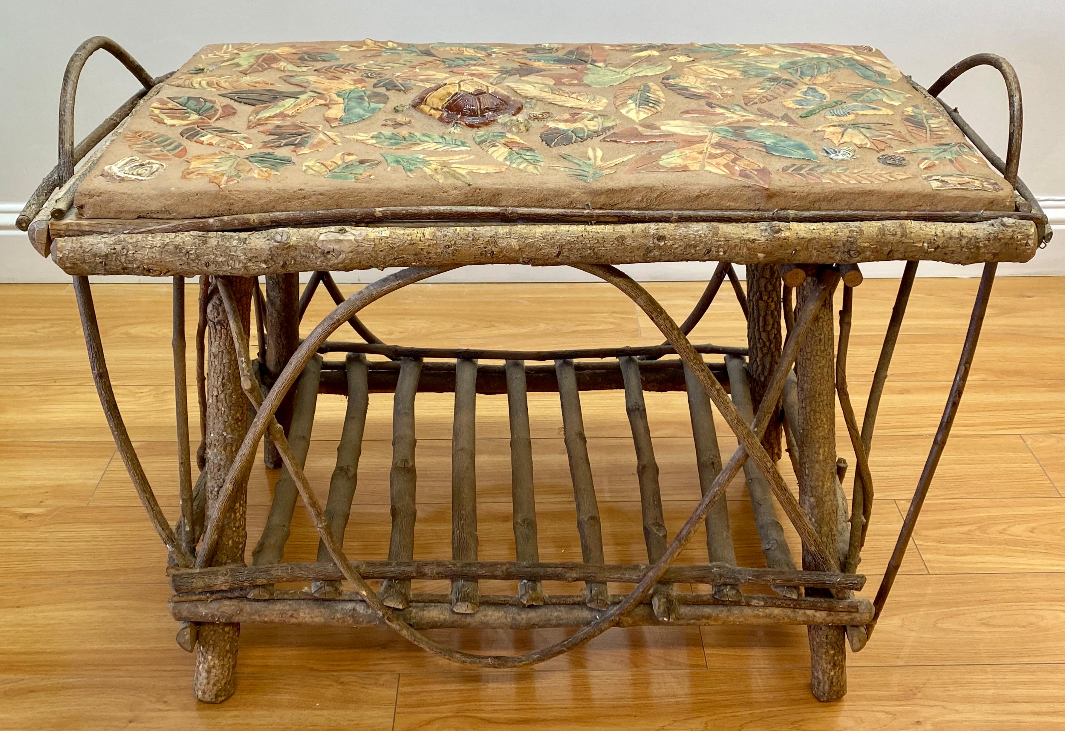 American Arts & Crafts Style Willow Branch and Glazed Ceramic Tile Mosaic Side Table