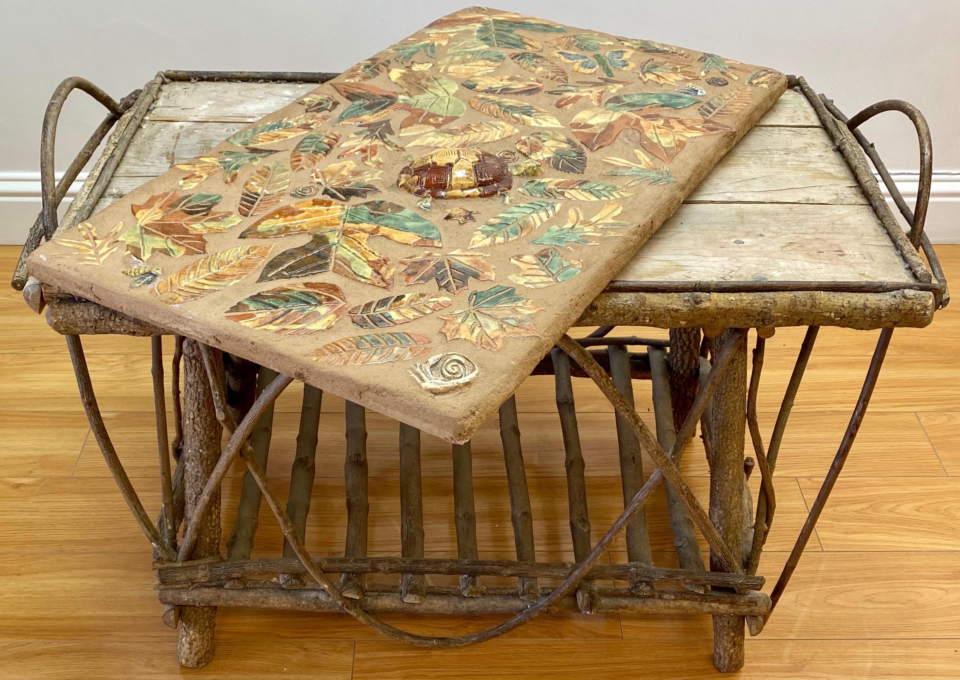 Arts & Crafts Style Willow Branch and Glazed Ceramic Tile Mosaic Side Table In Good Condition In San Francisco, CA