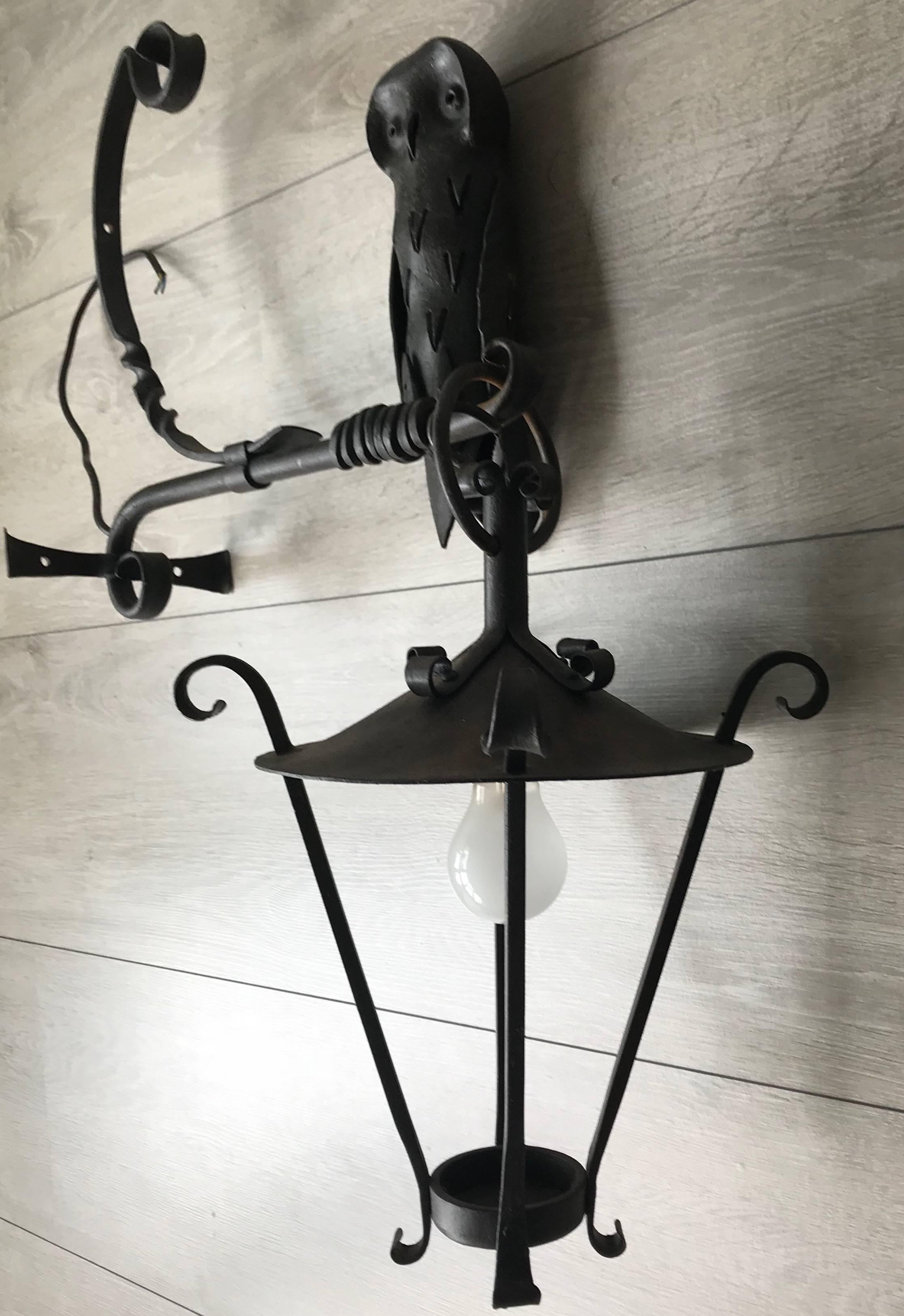 Arts & Crafts Style Wrought Iron Outdoor Wall Lamp / Sconce with Owl Sculpture 4