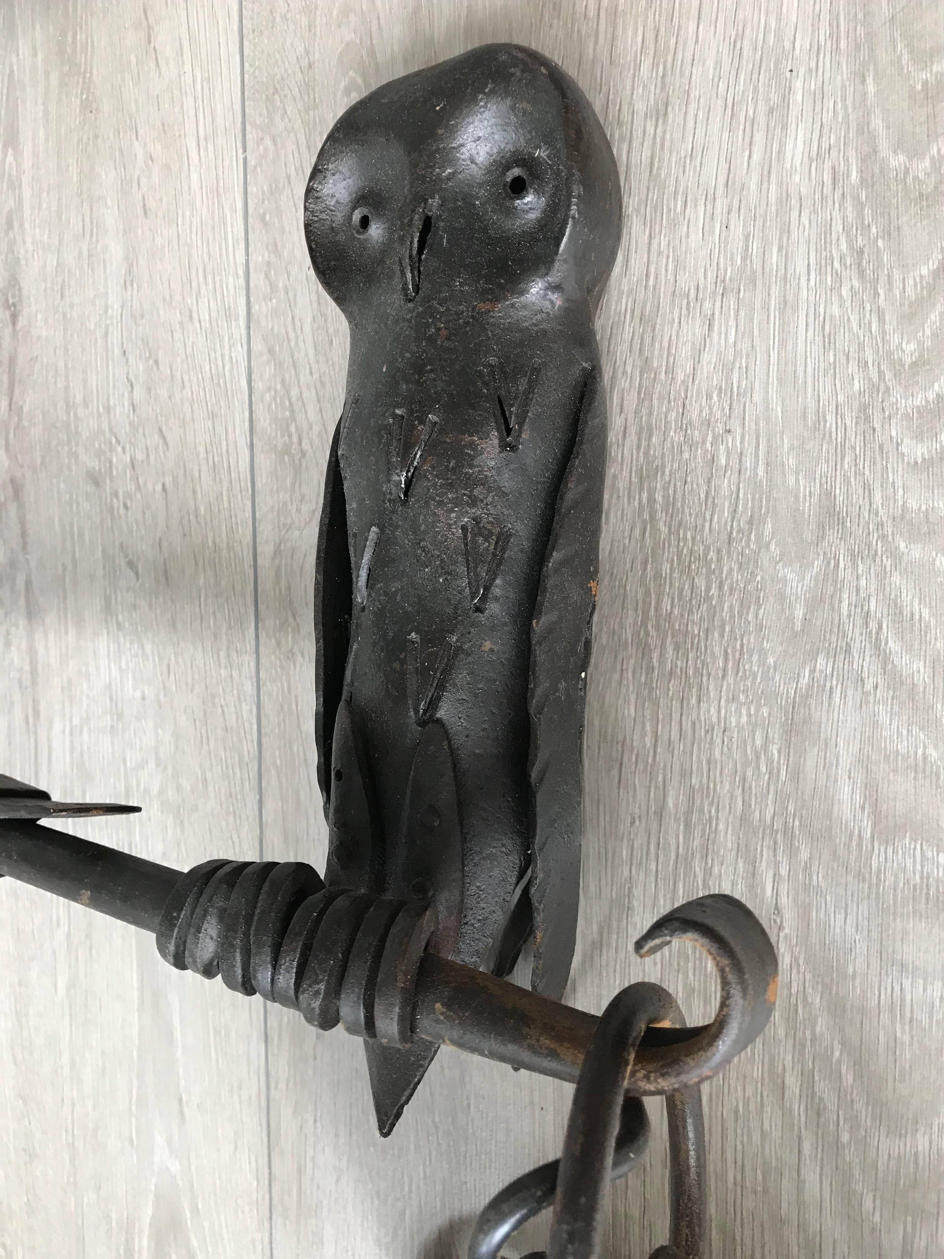 Forged Arts & Crafts Style Wrought Iron Outdoor Wall Lamp / Sconce with Owl Sculpture
