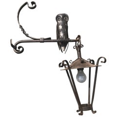 Arts & Crafts Style Wrought Iron Outdoor Wall Lamp / Sconce with Owl Sculpture