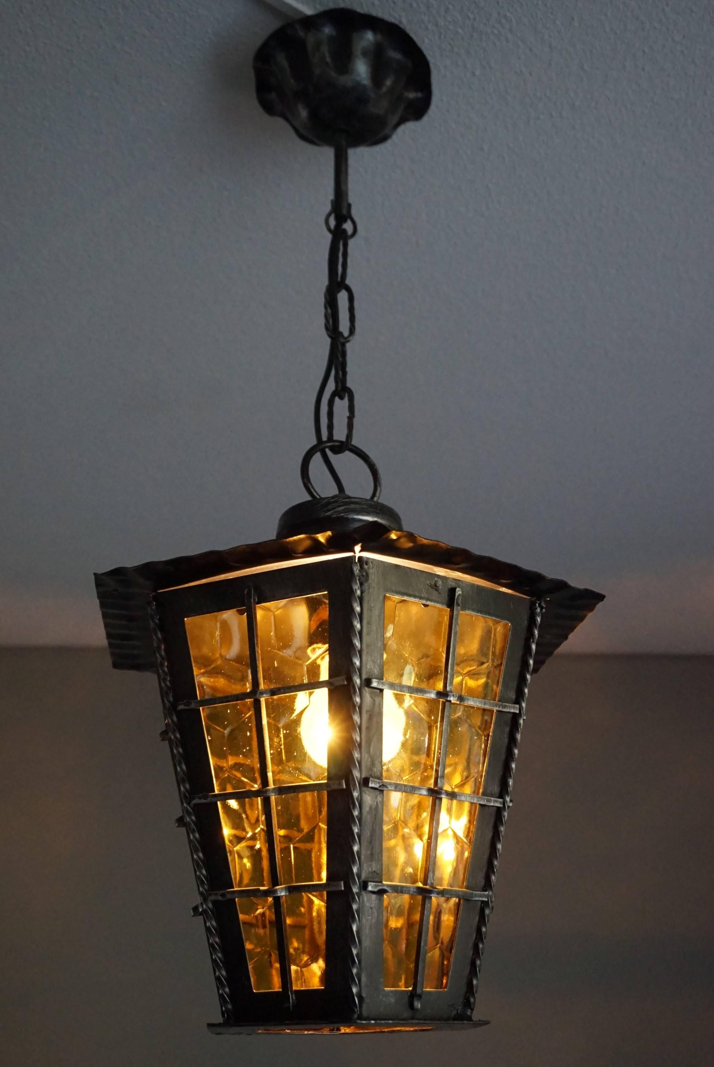 Arts & Crafts Style Wrought Iron Pendant with Honeycomb Color and Pattern Glass For Sale 3