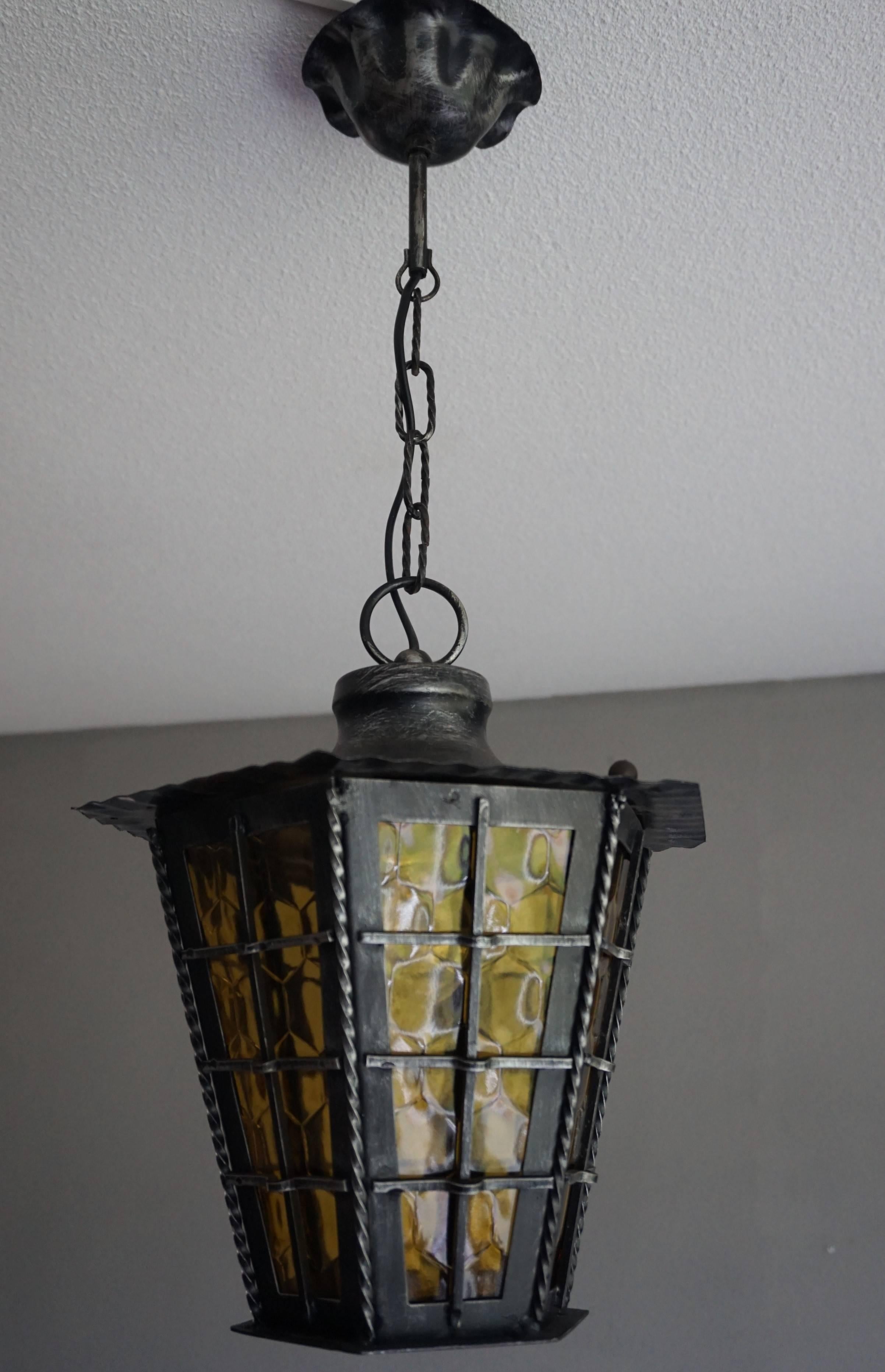 Arts & Crafts Style Wrought Iron Pendant with Honeycomb Color and Pattern Glass For Sale 4