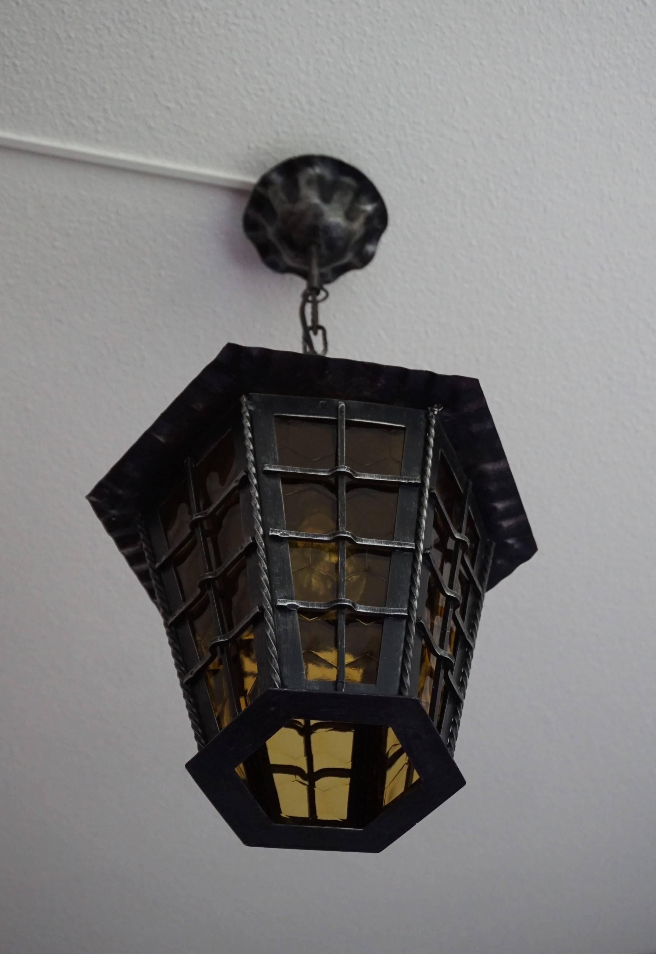 Arts & Crafts Style Wrought Iron Pendant with Honeycomb Color and Pattern Glass For Sale 5