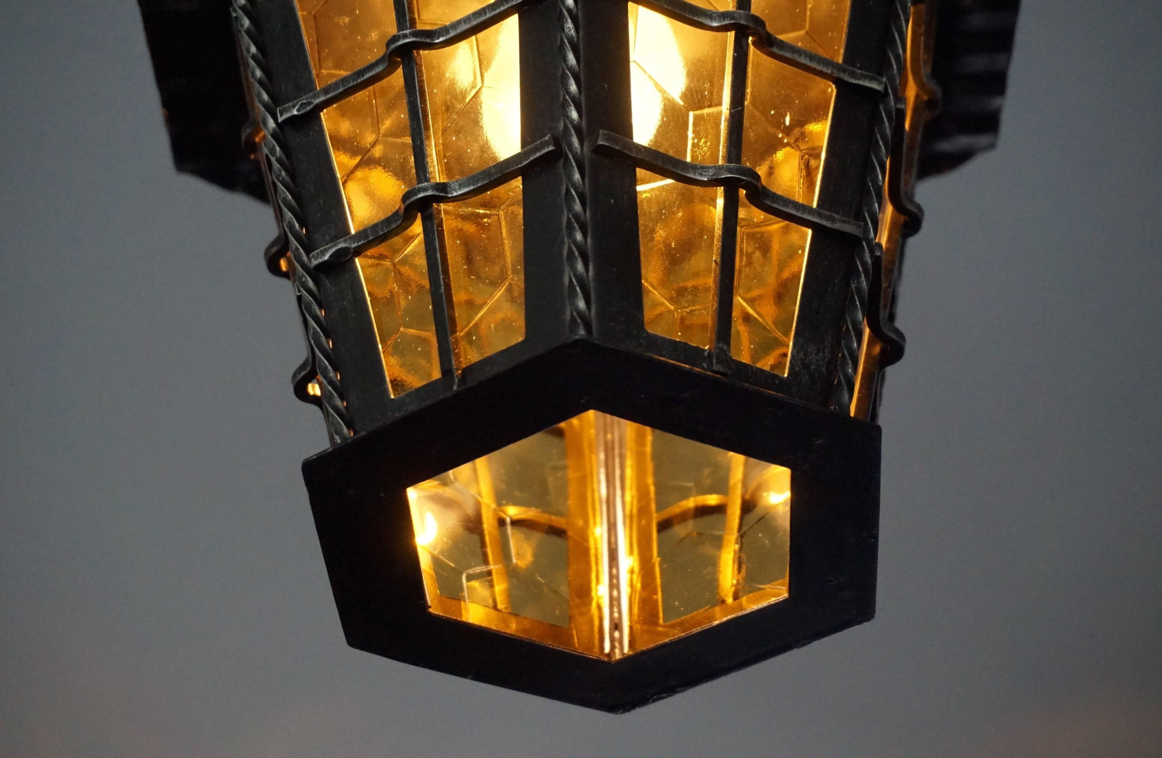 Arts & Crafts Style Wrought Iron Pendant with Honeycomb Color and Pattern Glass For Sale 6