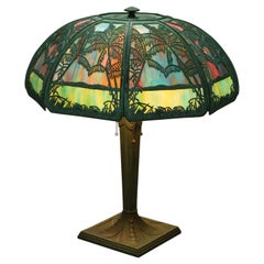 Arts & Crafts Sunset Palm Bradley & Hubbard Slag Glass & Verdigris Lamp, c1910